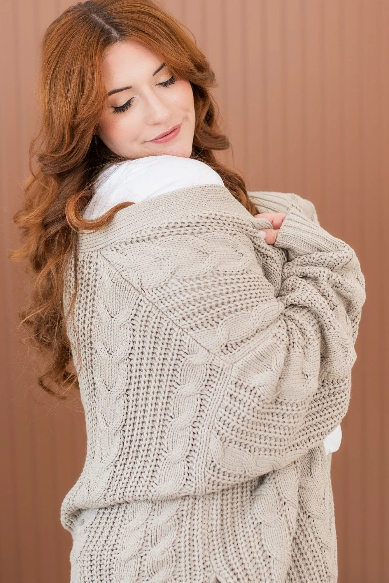Cable Knit Adult Cardigan in Almond - Image 2