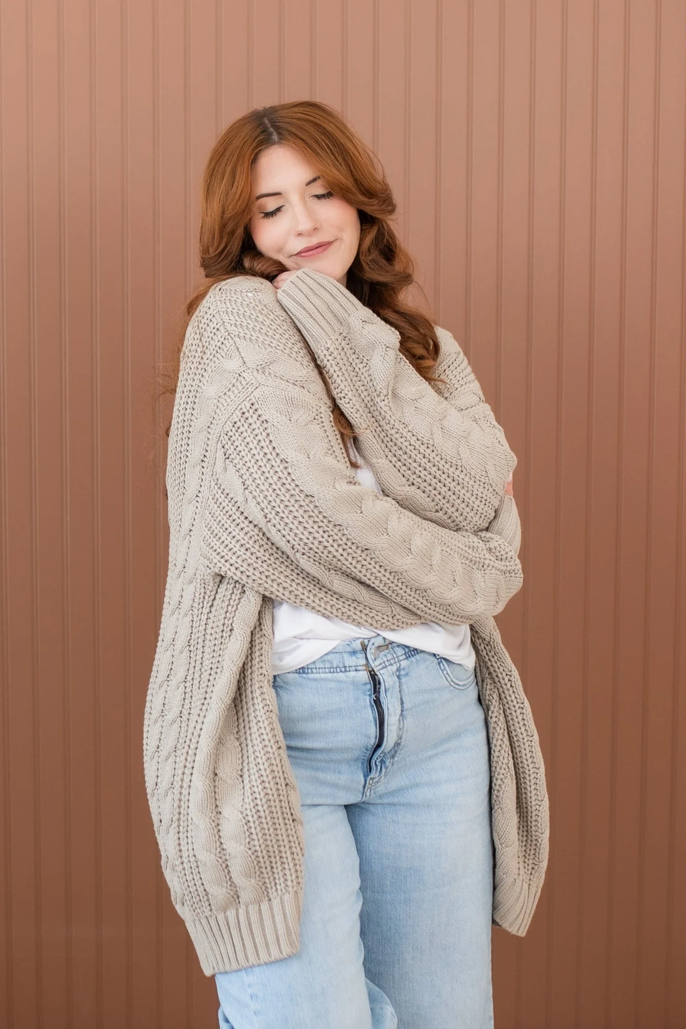 Cable Knit Adult Cardigan in Almond - Image 3