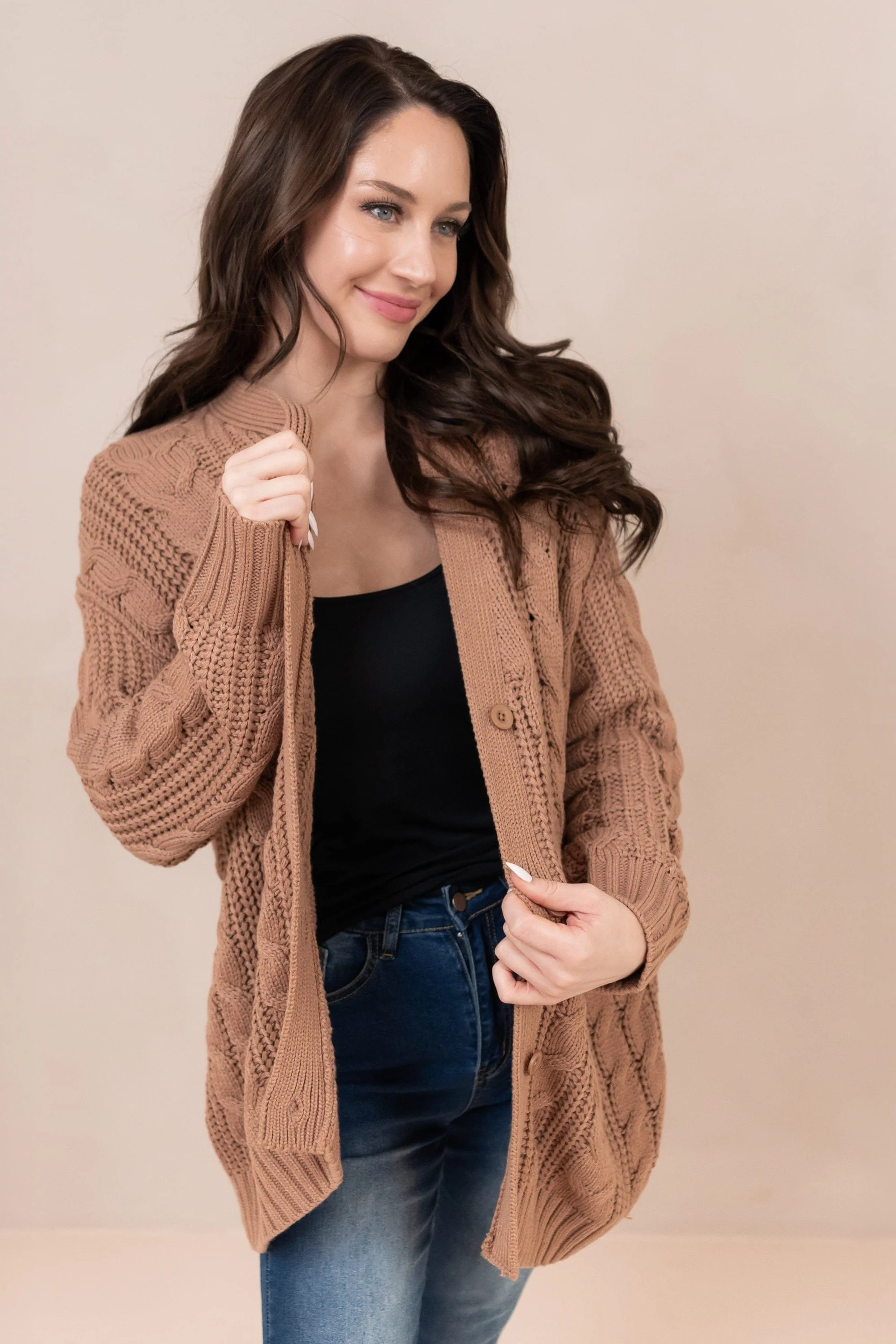 Cable Knit Adult Cardigan in Latte - Image 2
