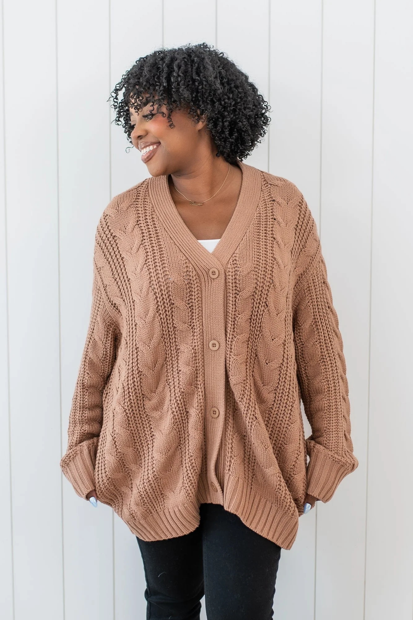 Cable Knit Adult Cardigan in Latte - Image 3