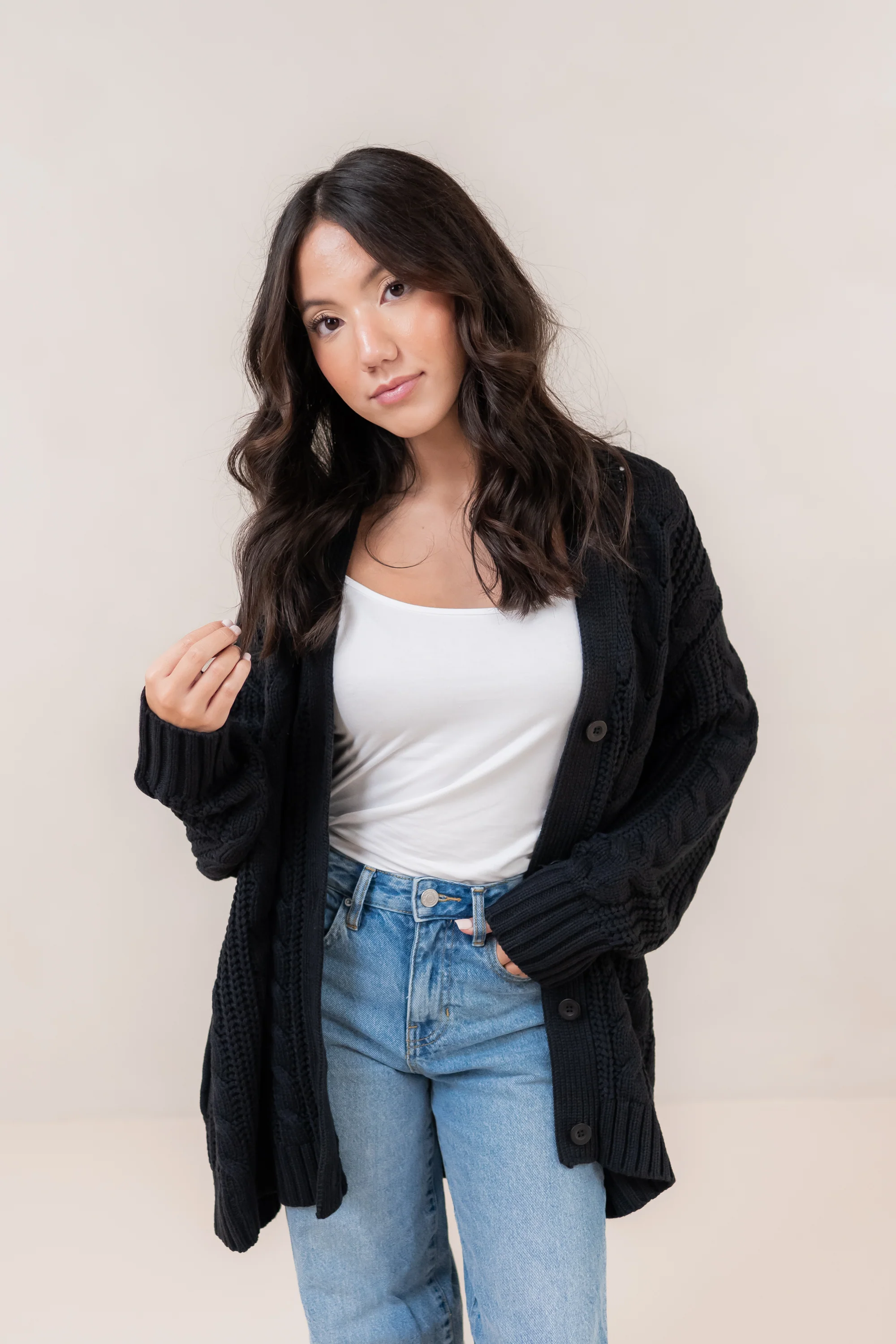Cable Knit Adult Cardigan in Midnight - Image 2
