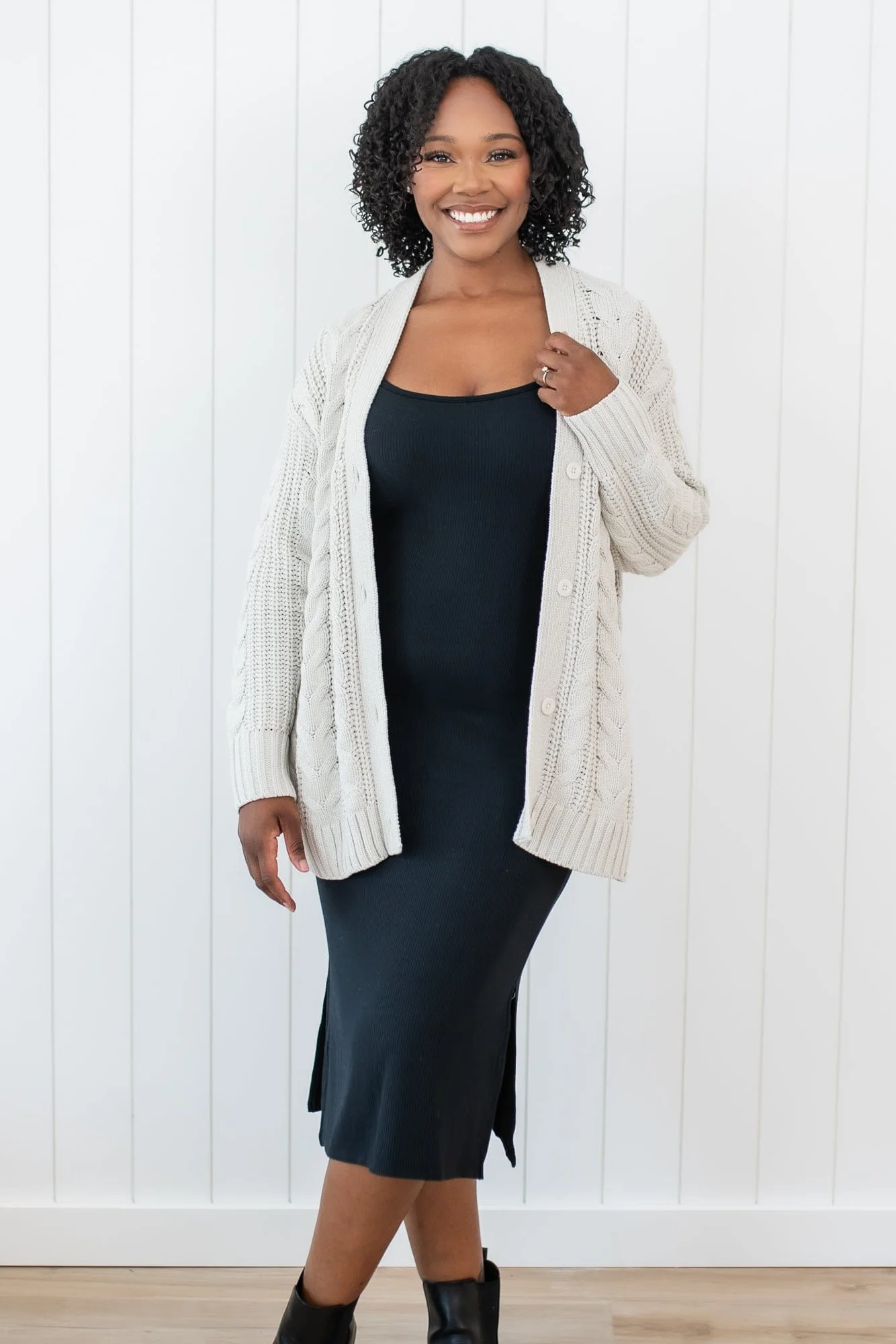 Cable Knit Adult Cardigan in Oat - Image 2