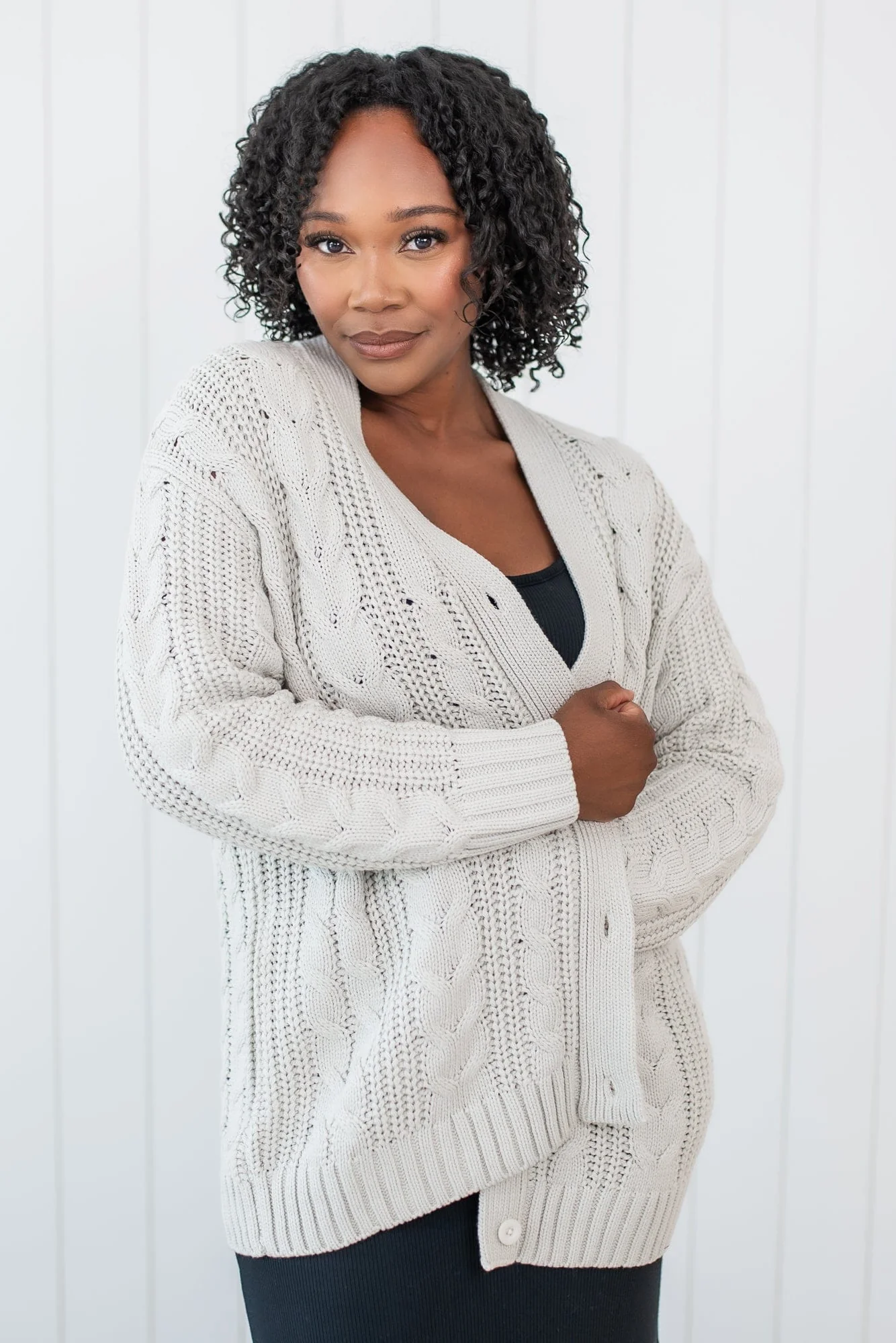 Cable Knit Adult Cardigan in Oat - Image 4