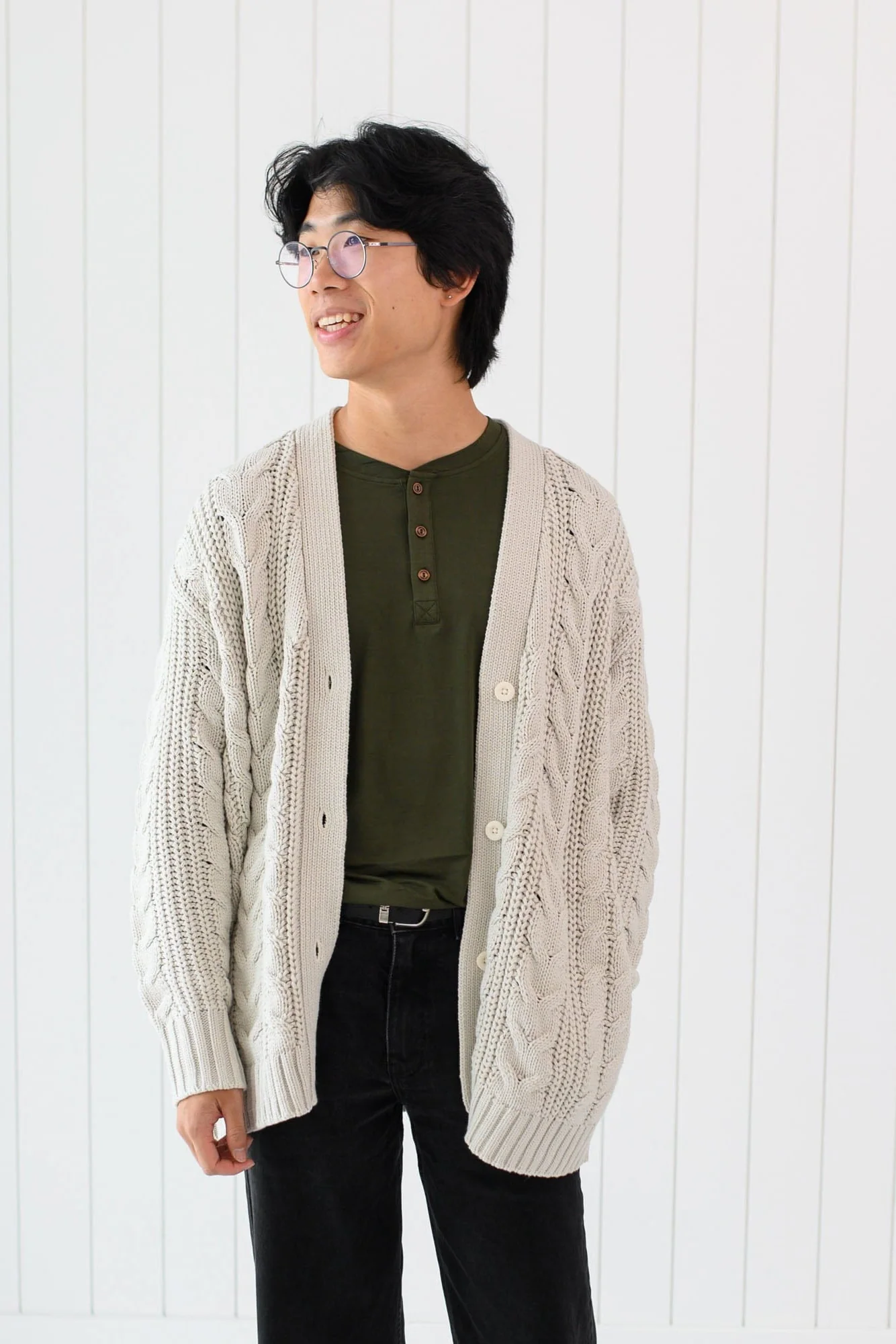 Cable Knit Adult Cardigan in Oat - Image 5