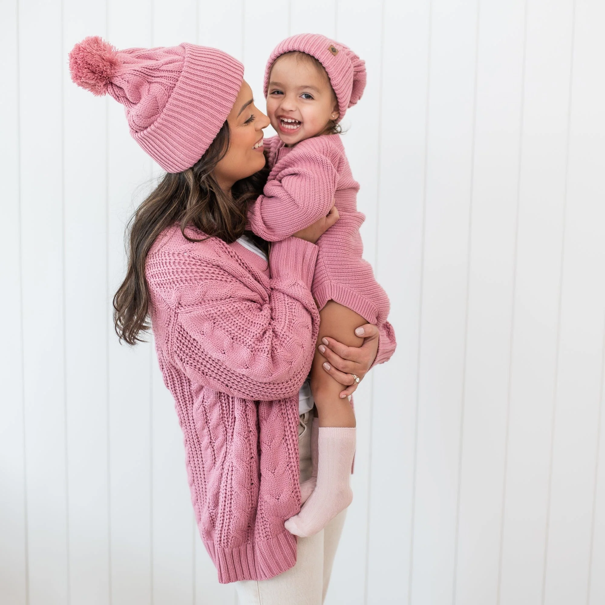 Cable Knit Adult Pom Beanie in Apple Blossom - Image 3