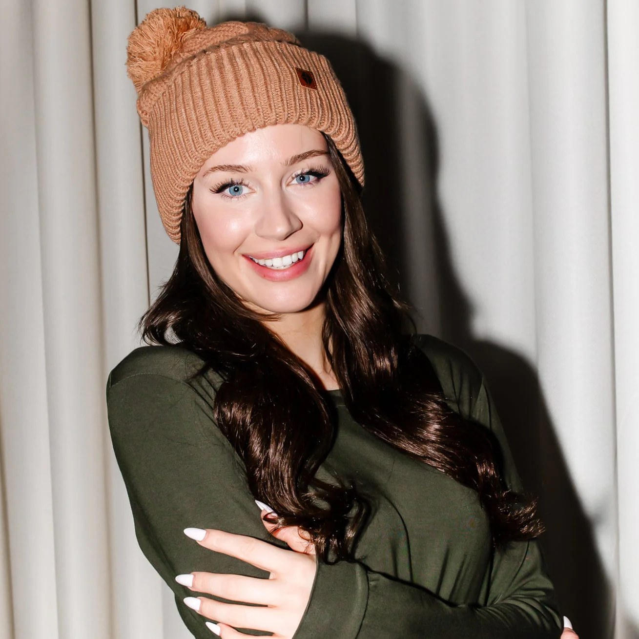 Cable Knit Adult Pom Beanie in Latte - Image 3