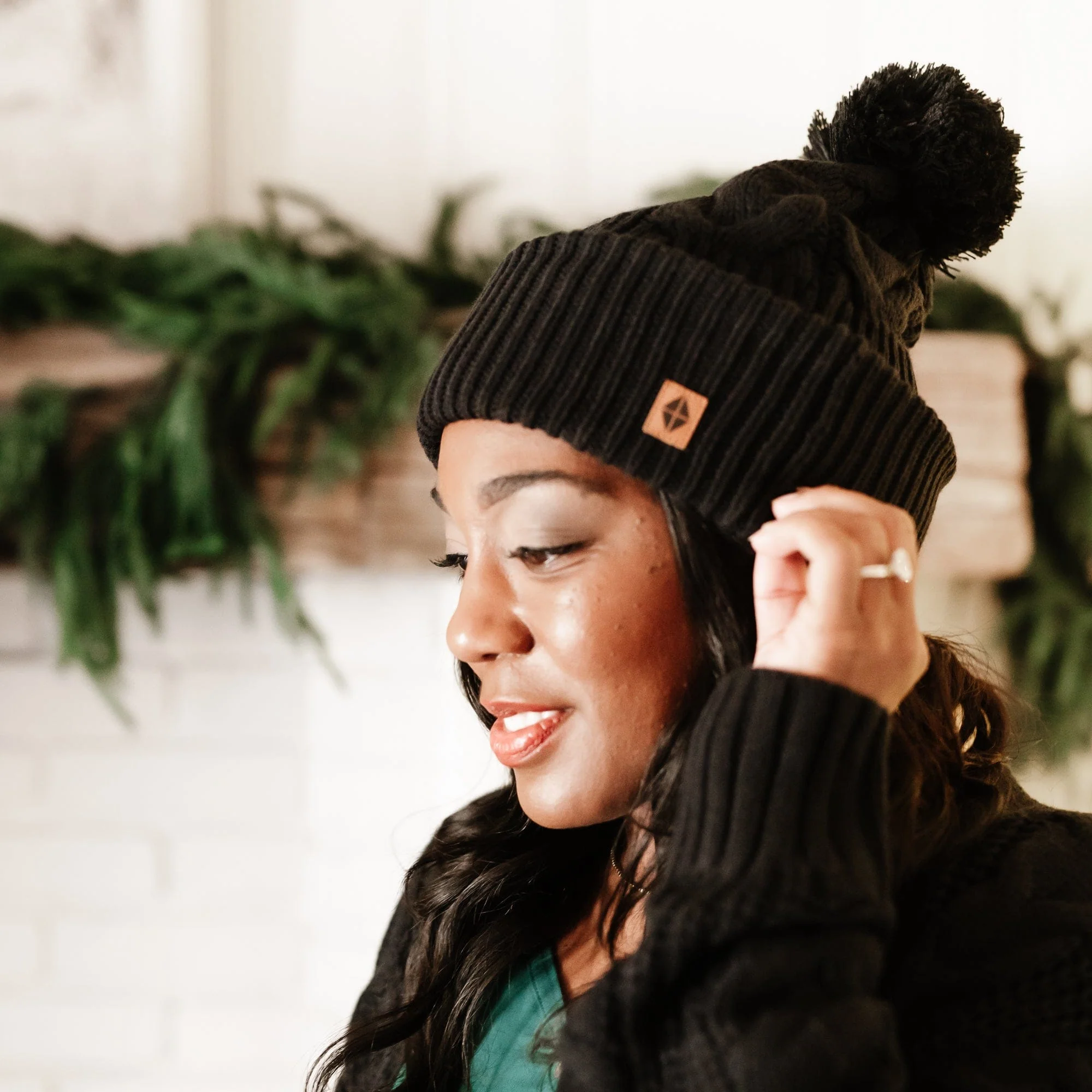 Cable Knit Adult Pom Beanie in Midnight - Image 3