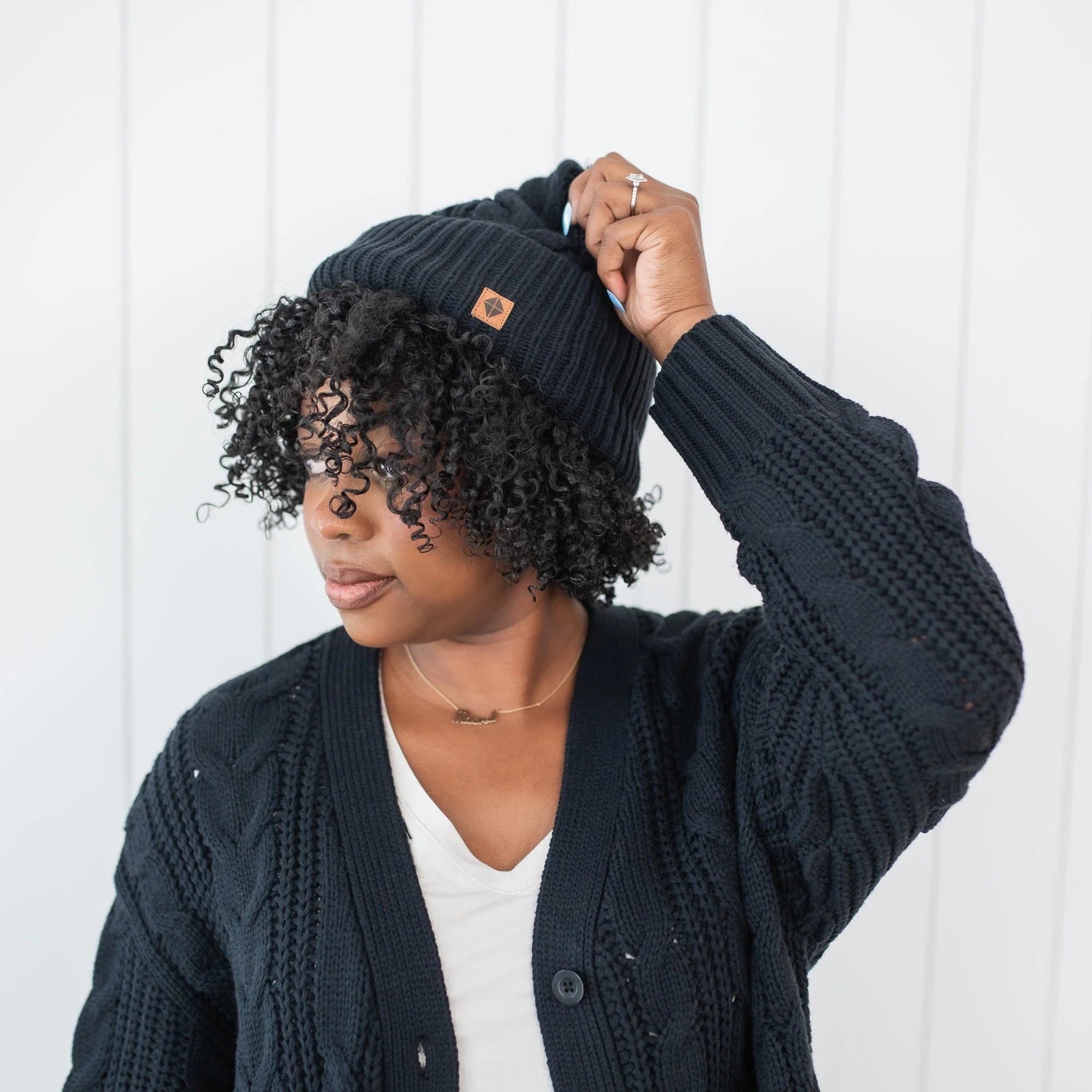 Cable Knit Adult Pom Beanie in Midnight - Image 4