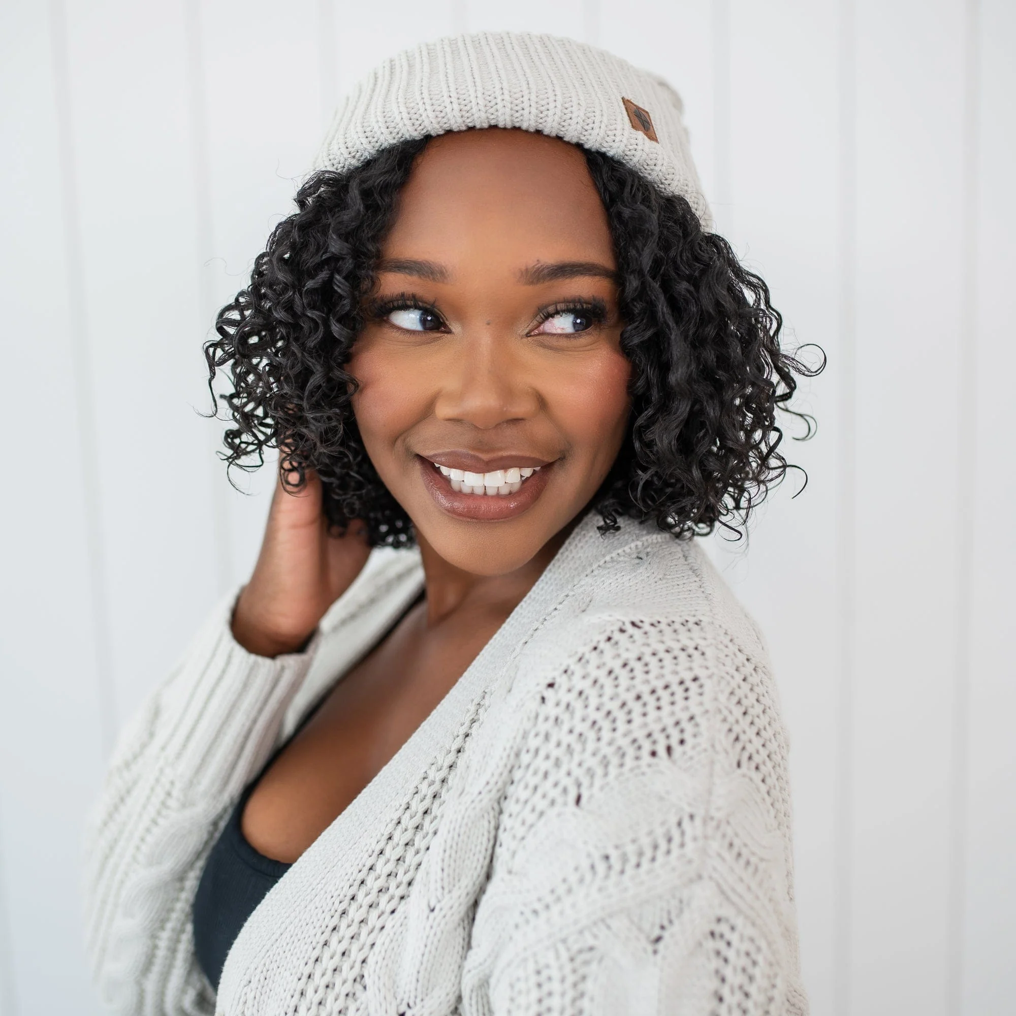 Cable Knit Adult Pom Beanie in Oat - Image 3