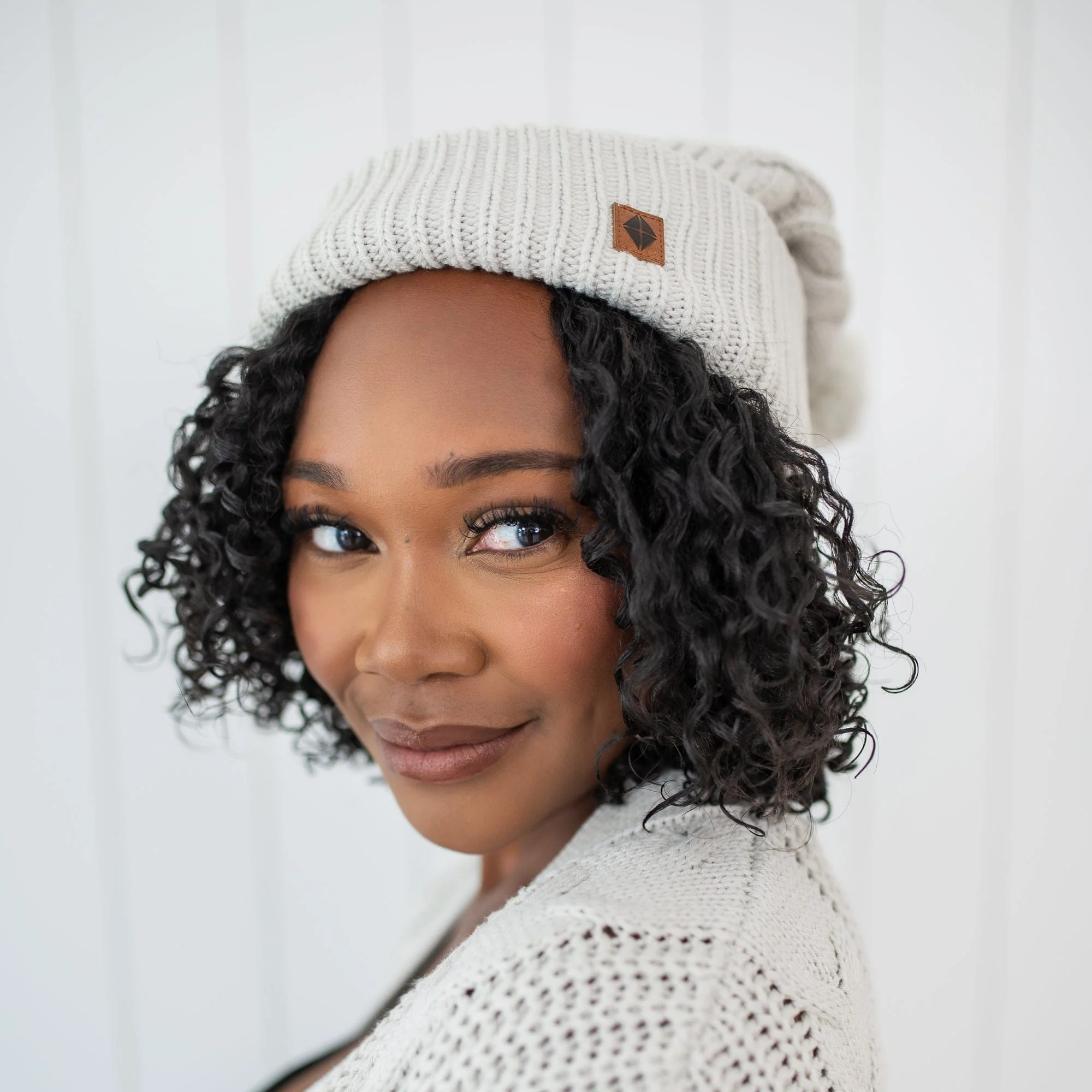 Cable Knit Adult Pom Beanie in Oat - Image 4