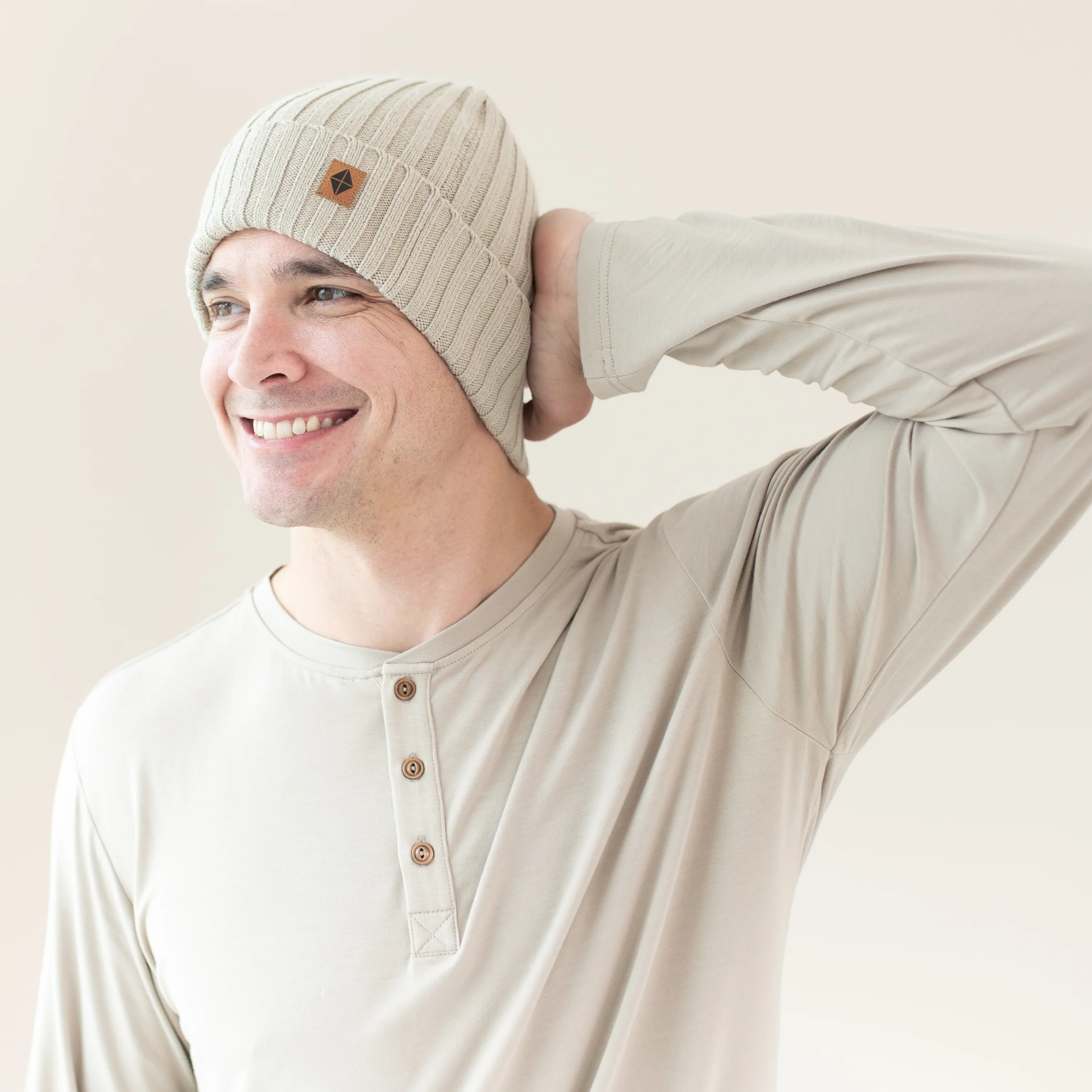 Chunky Knit Adult Ribbed Beanie in Almond - Image 3
