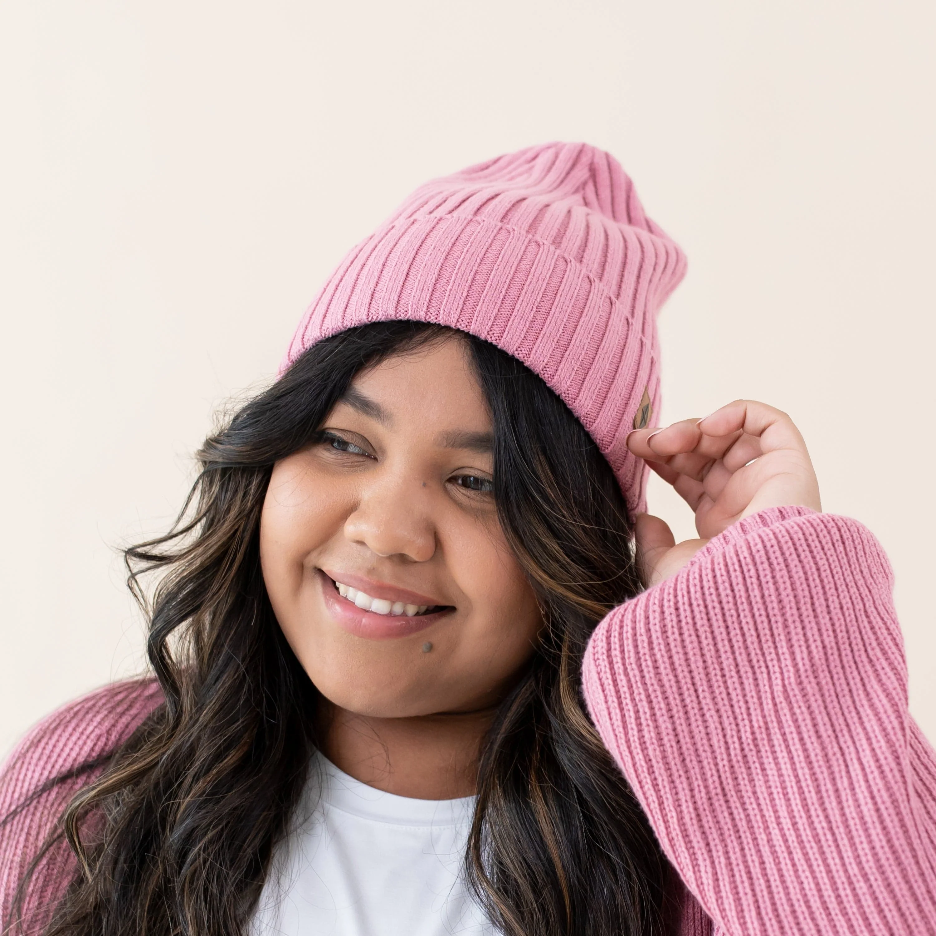 Chunky Knit Adult Ribbed Beanie in Apple Blossom - Image 2