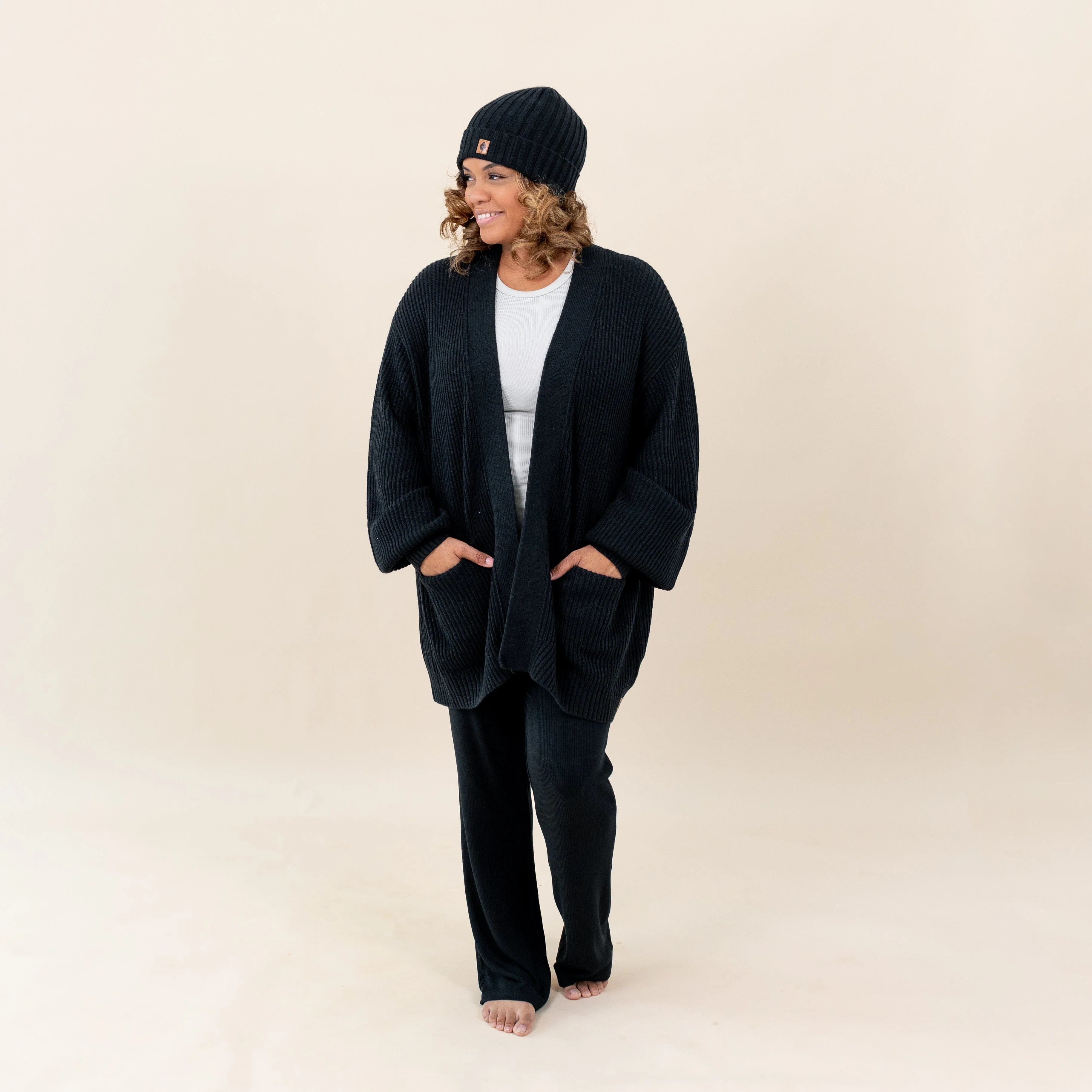 Chunky Knit Adult Ribbed Beanie in Midnight - Image 2