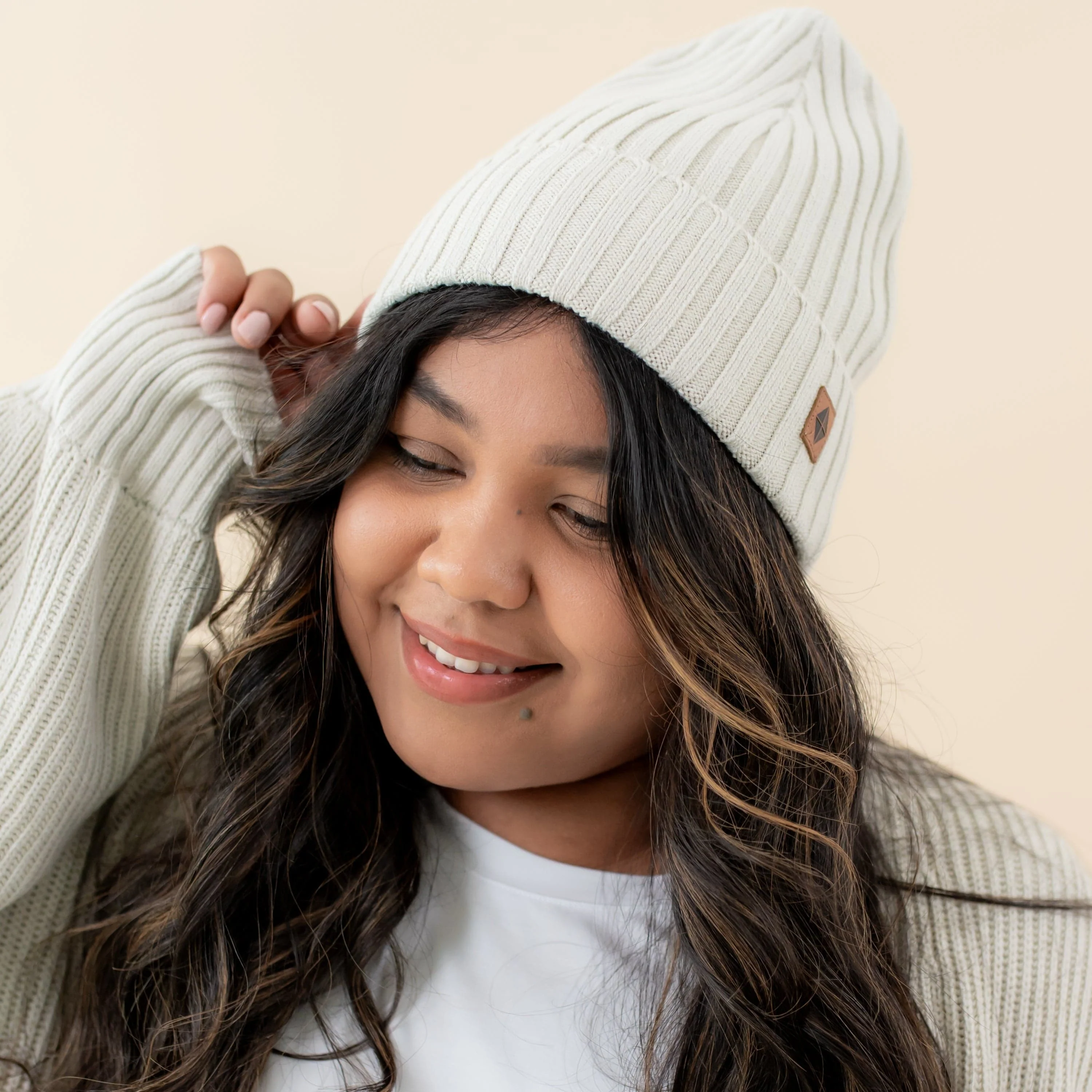 Chunky Knit Adult Ribbed Beanie in Oat - Image 3