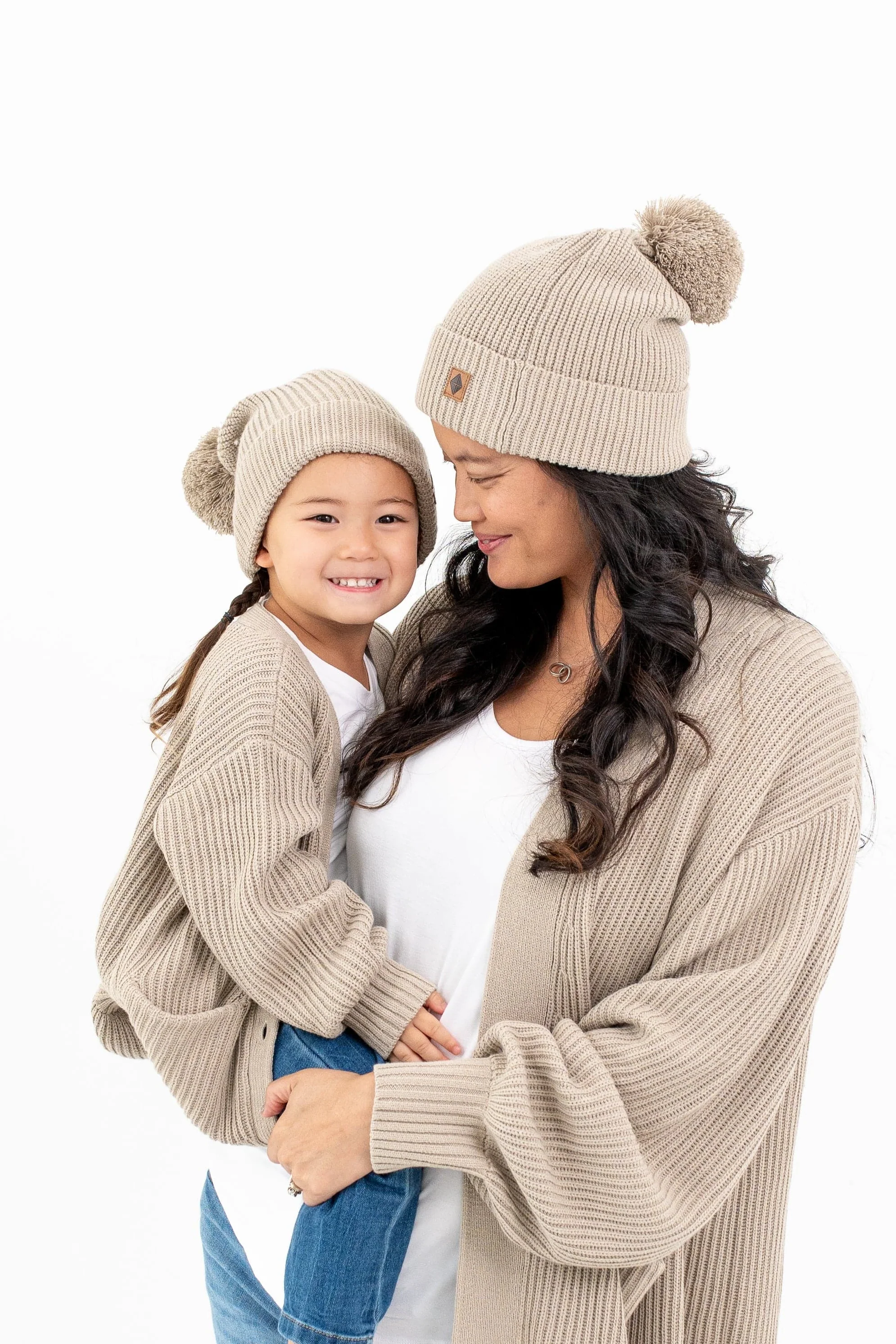 Chunky Knit Adult Pom Beanie in Almond - Image 3