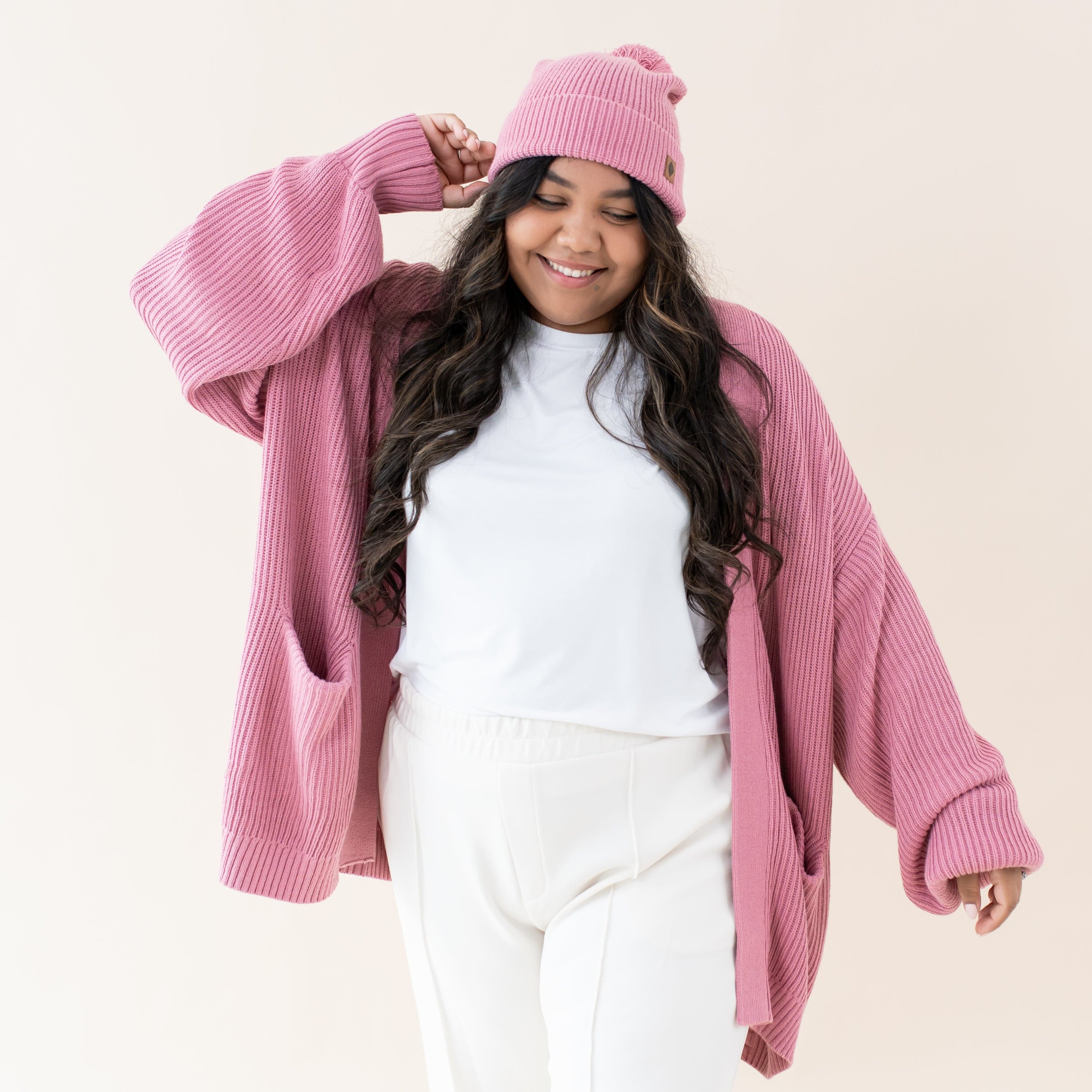 Chunky Knit Women's Oversized Cardigan in Apple Blossom - Image 2