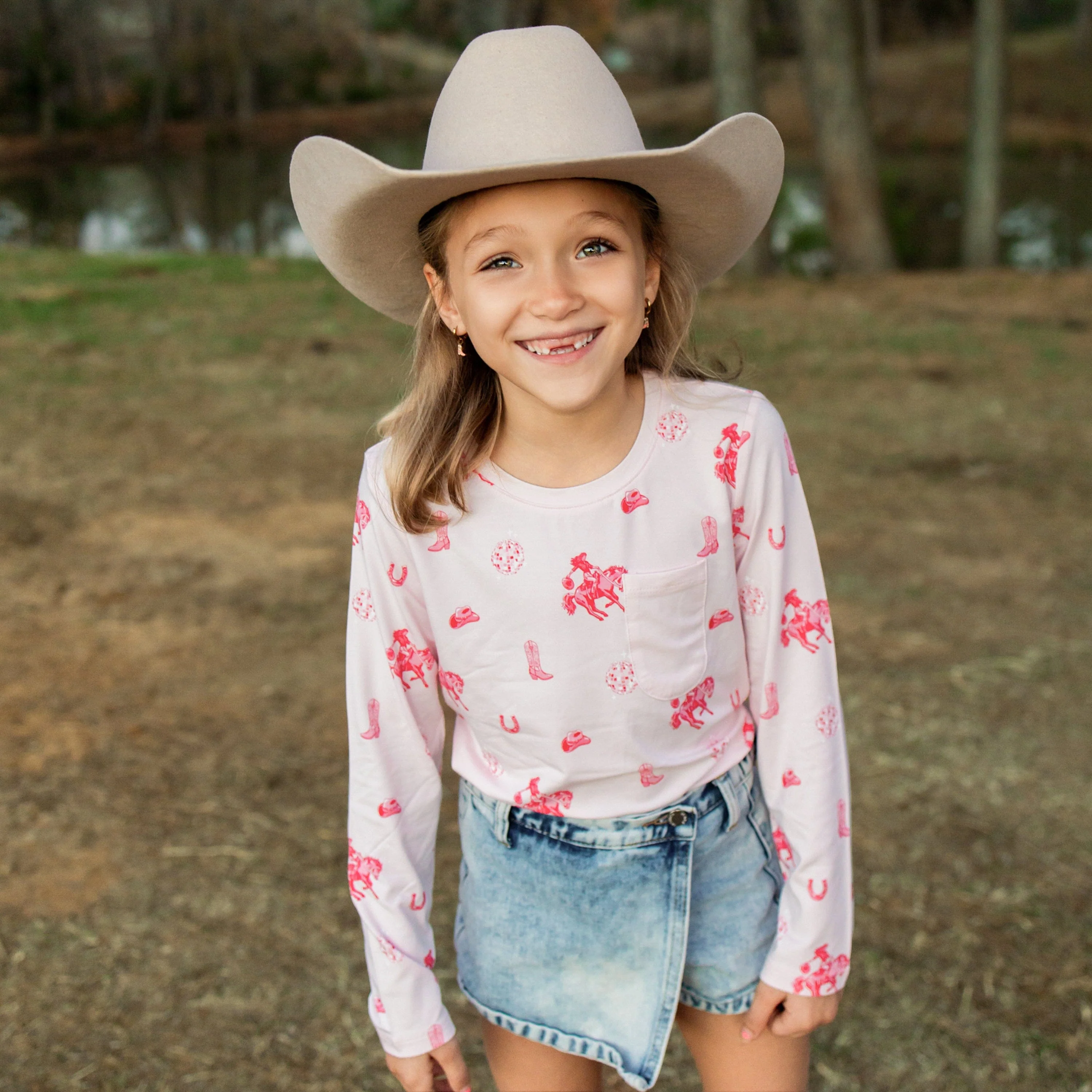 Long Sleeve Toddler Crew Neck Tee in Disco Cowgirl - Image 3