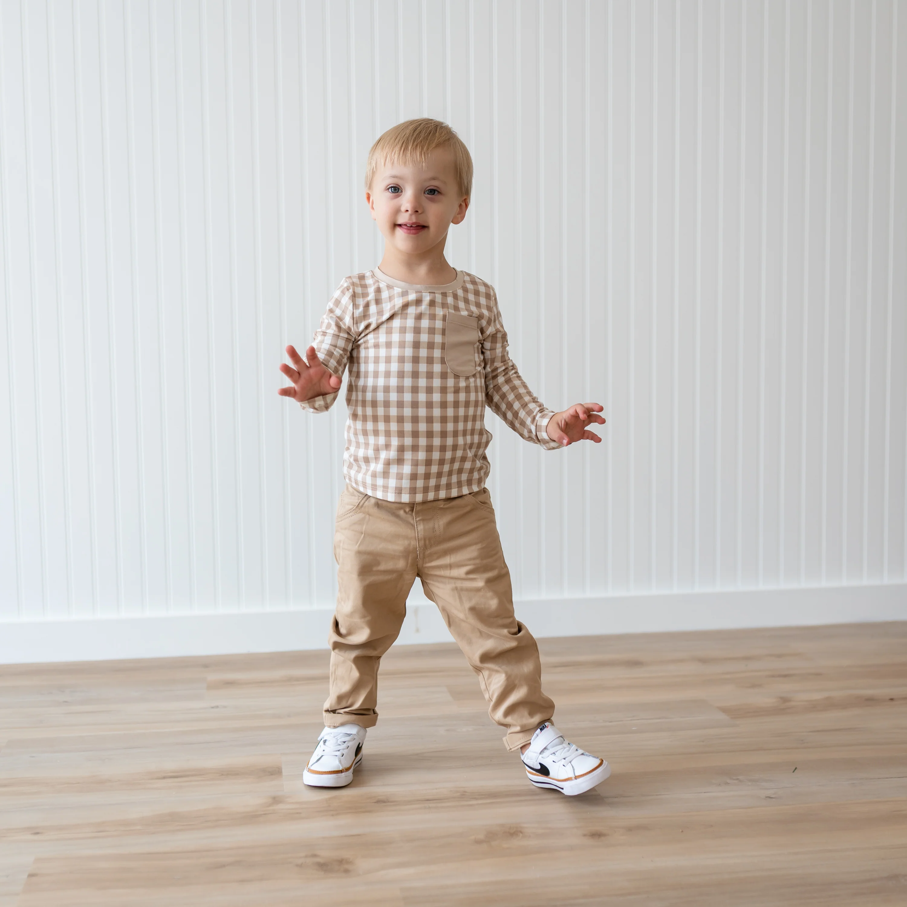 Long Sleeve Toddler Crew Neck Tee in Gingham Bisque - Image 3