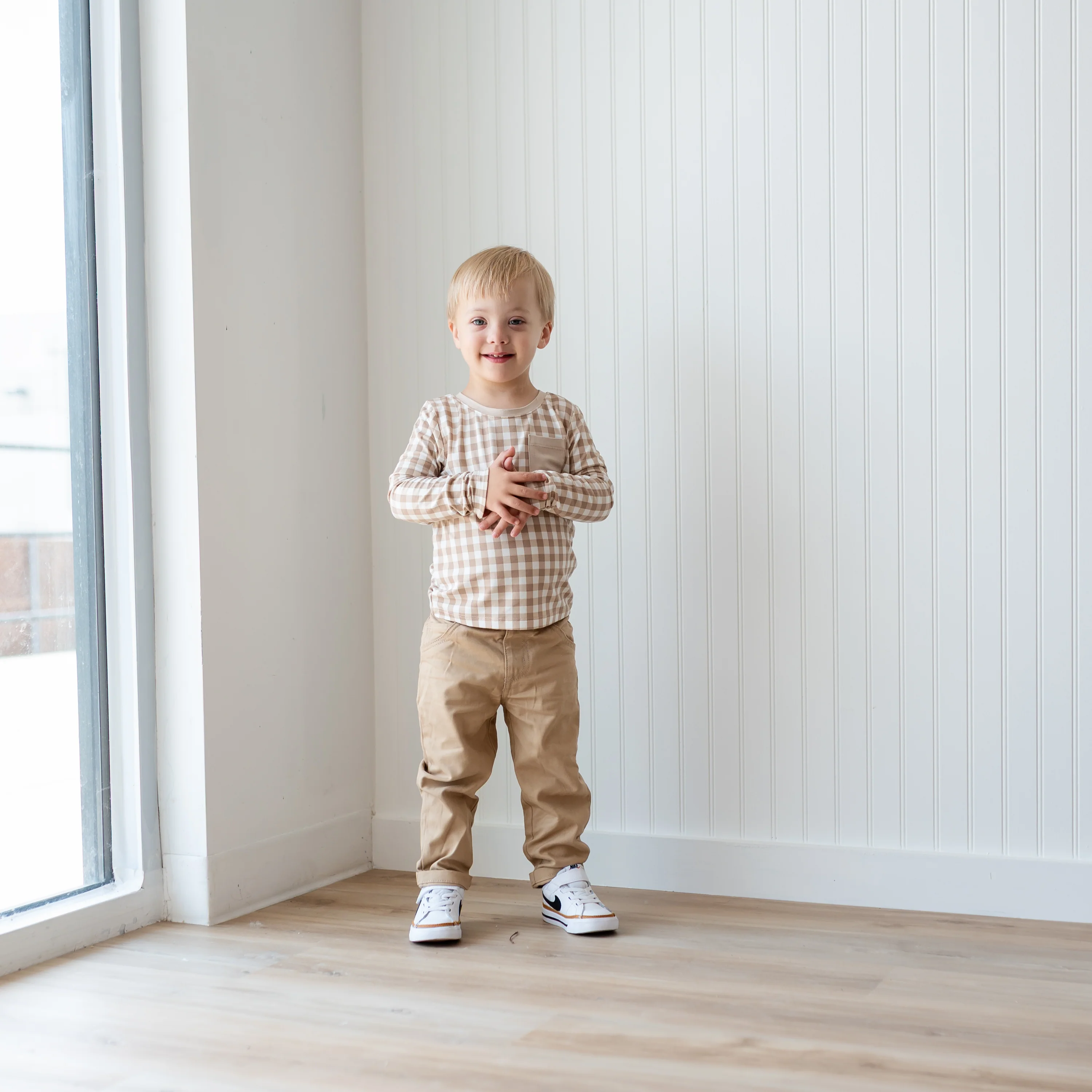 Long Sleeve Toddler Crew Neck Tee in Gingham Bisque - Image 4