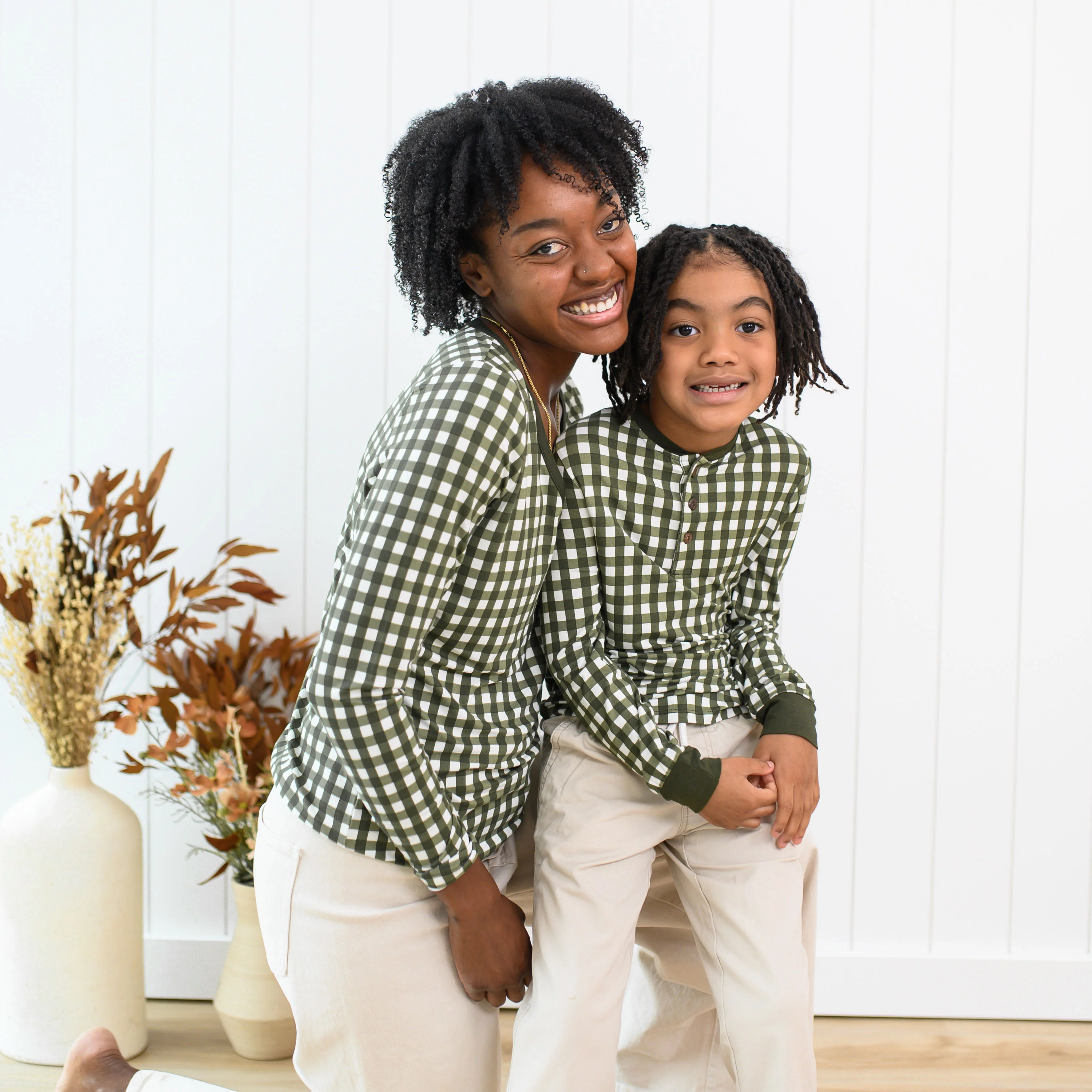 Long Sleeve Toddler Henley Tee in Gingham Fir - Image 4