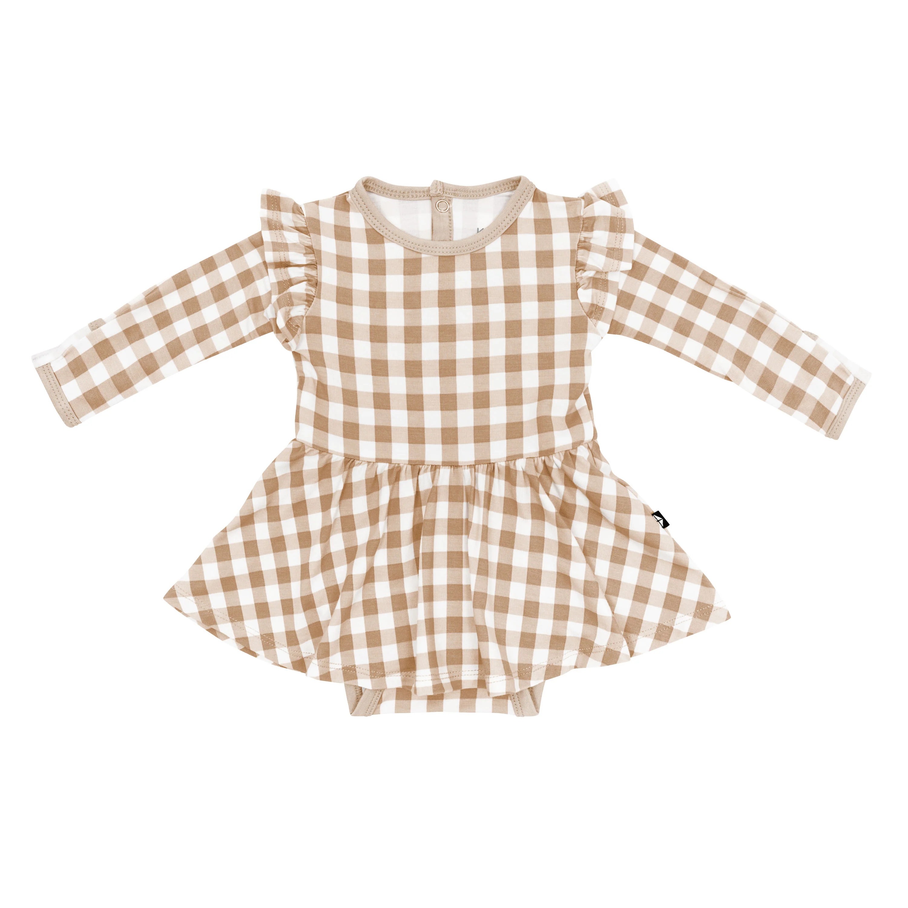 Long Sleeve Twirl Bodysuit Dress in Gingham Bisque - Image 2