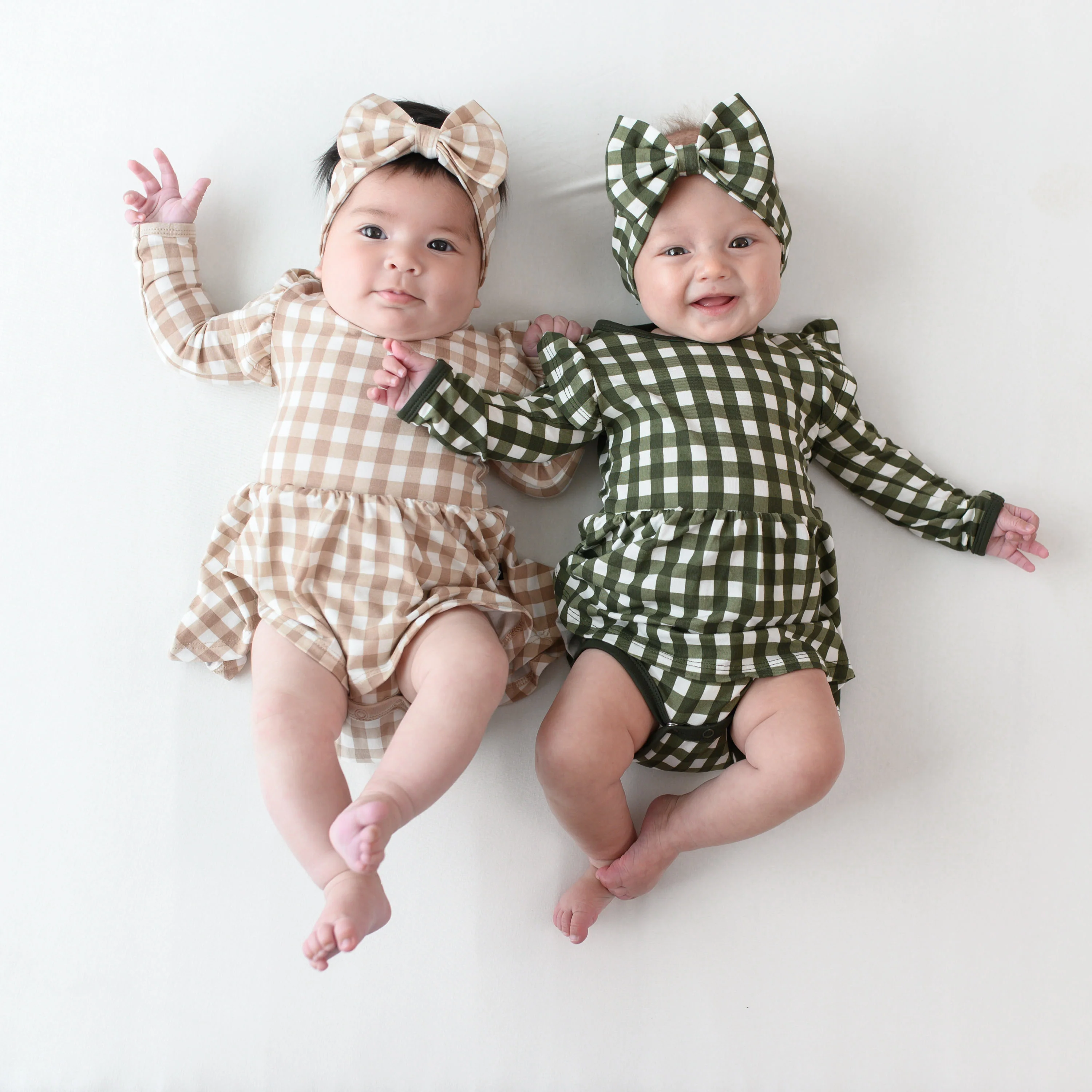 Long Sleeve Twirl Bodysuit Dress in Gingham Bisque - Image 3