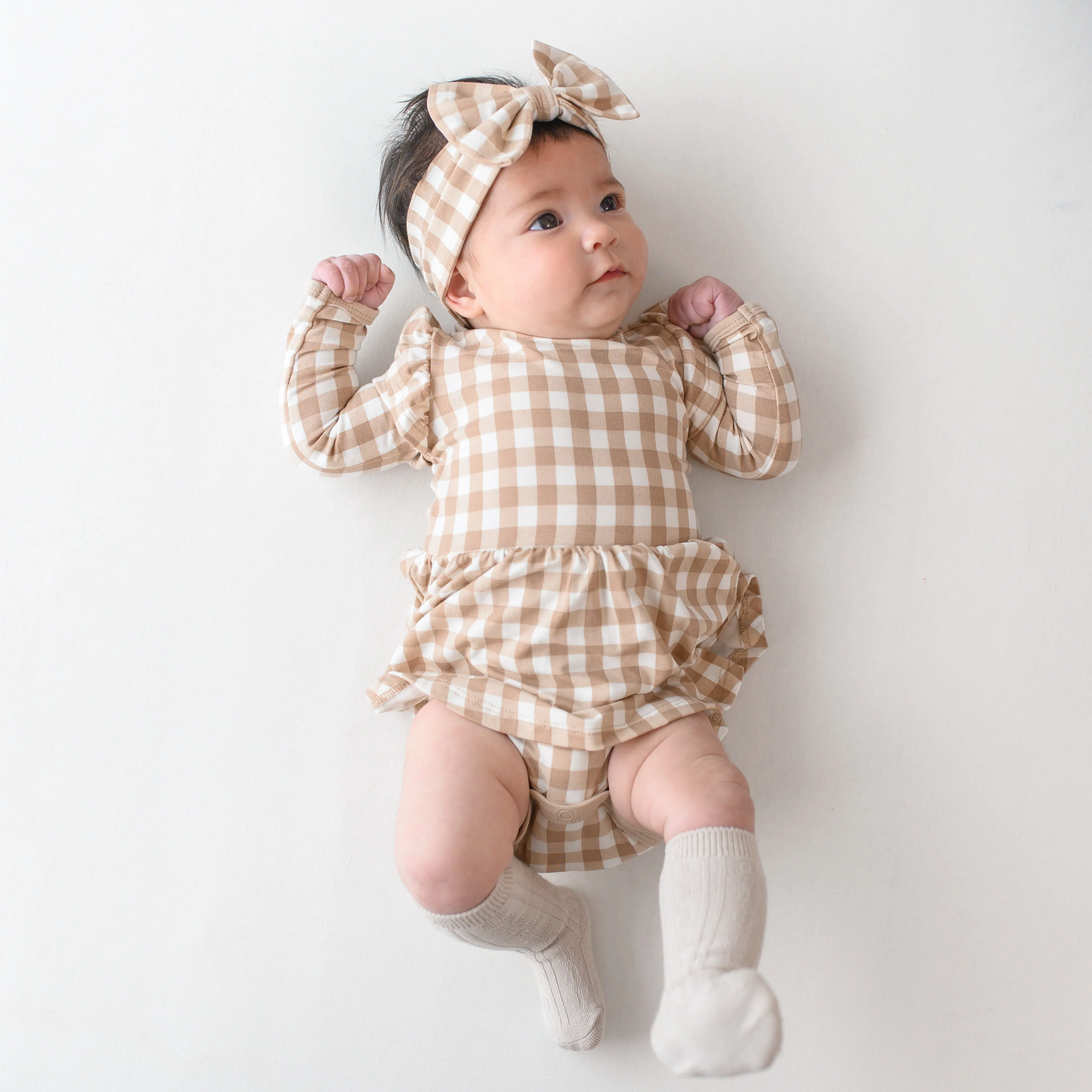 Long Sleeve Twirl Bodysuit Dress in Gingham Bisque - Image 5