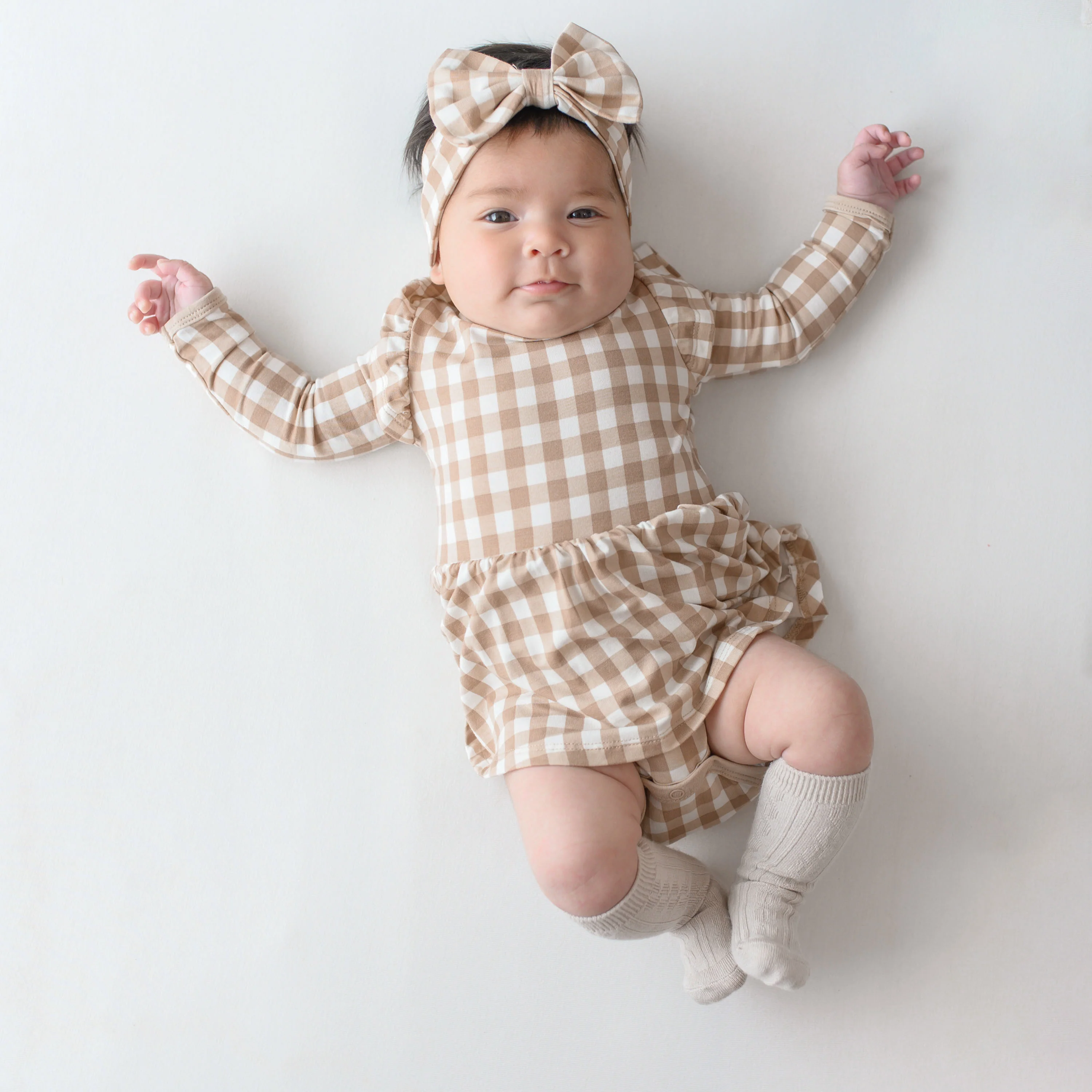 Long Sleeve Twirl Bodysuit Dress in Gingham Bisque - Image 6