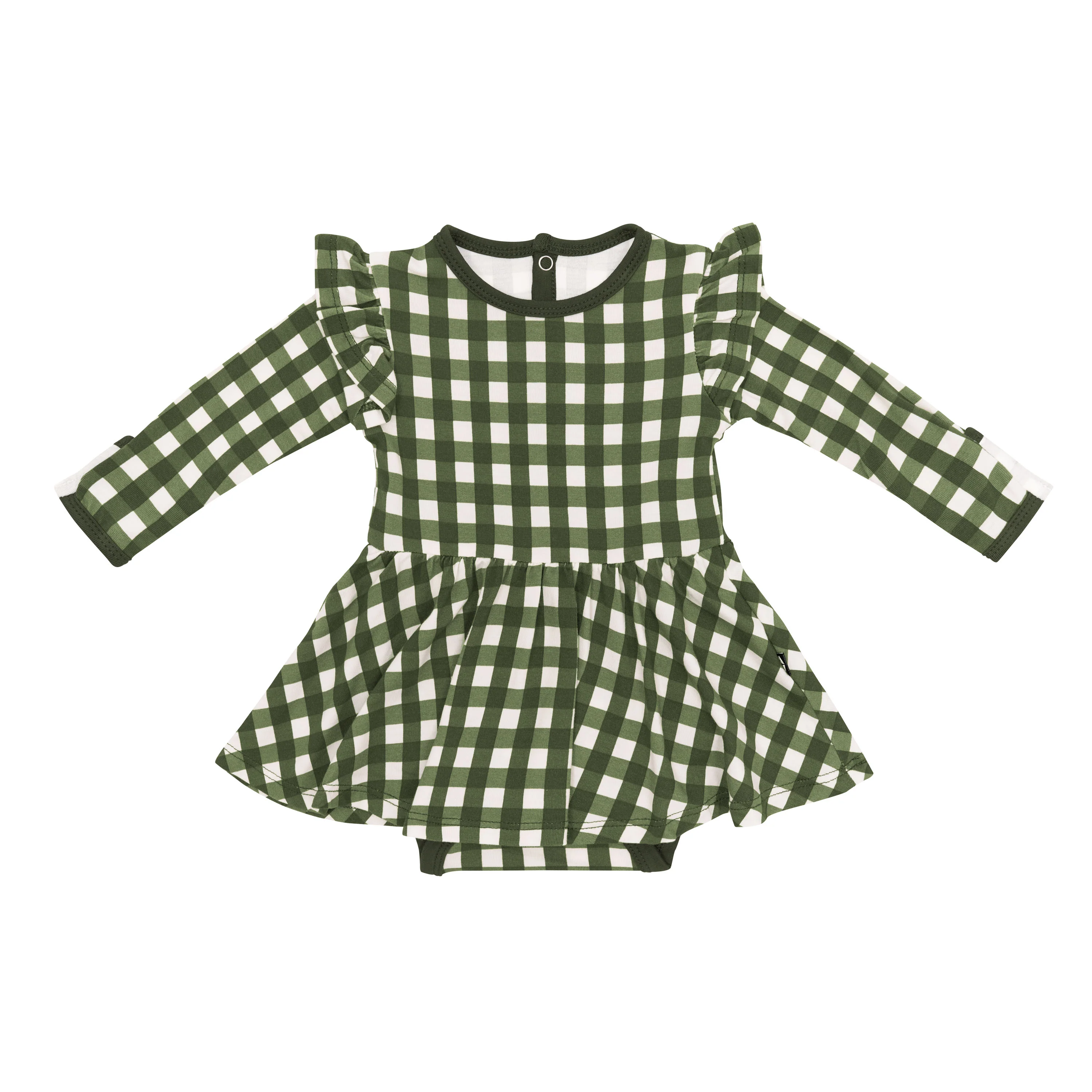 Long Sleeve Twirl Bodysuit Dress in Gingham Fir - Image 2