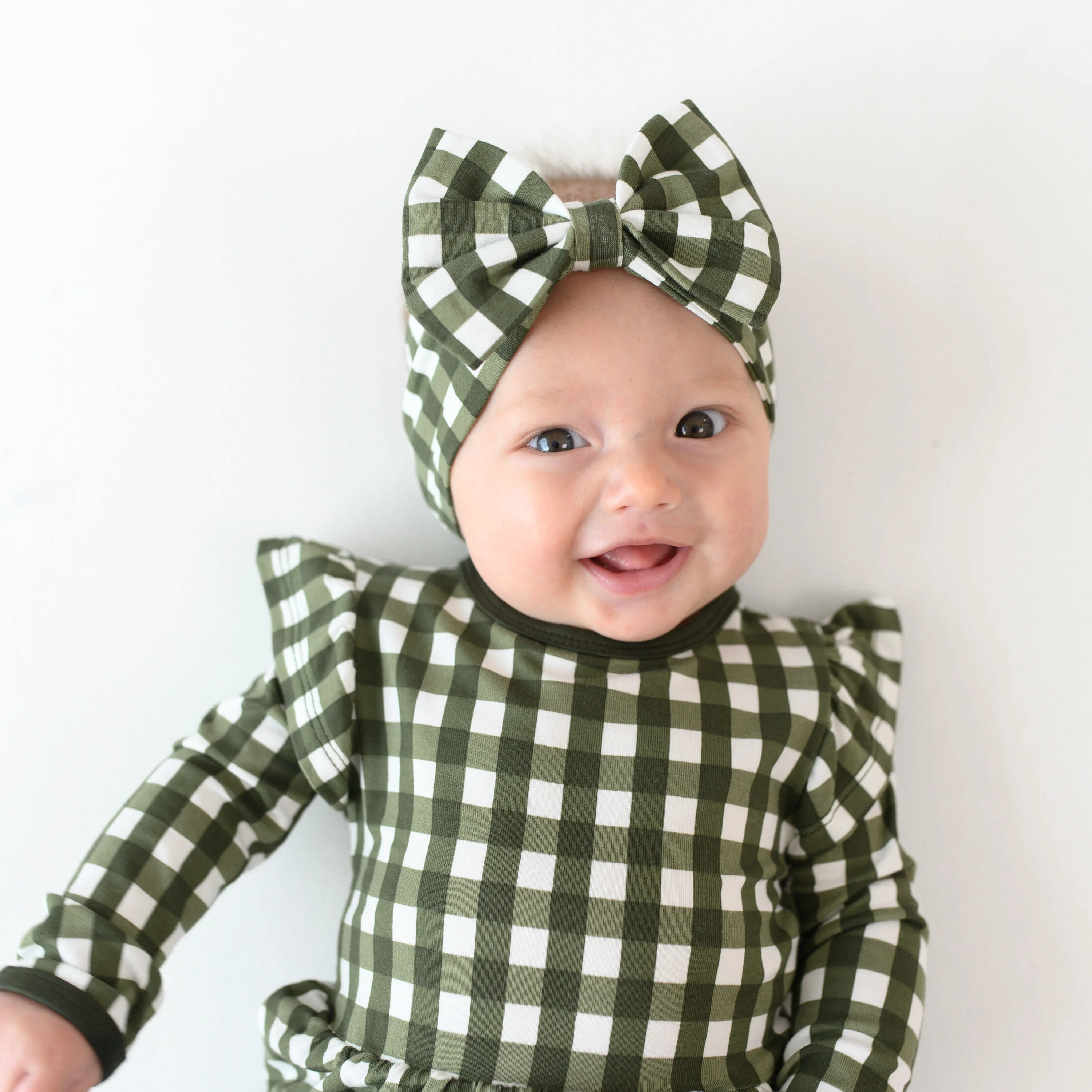 Long Sleeve Twirl Bodysuit Dress in Gingham Fir - Image 3