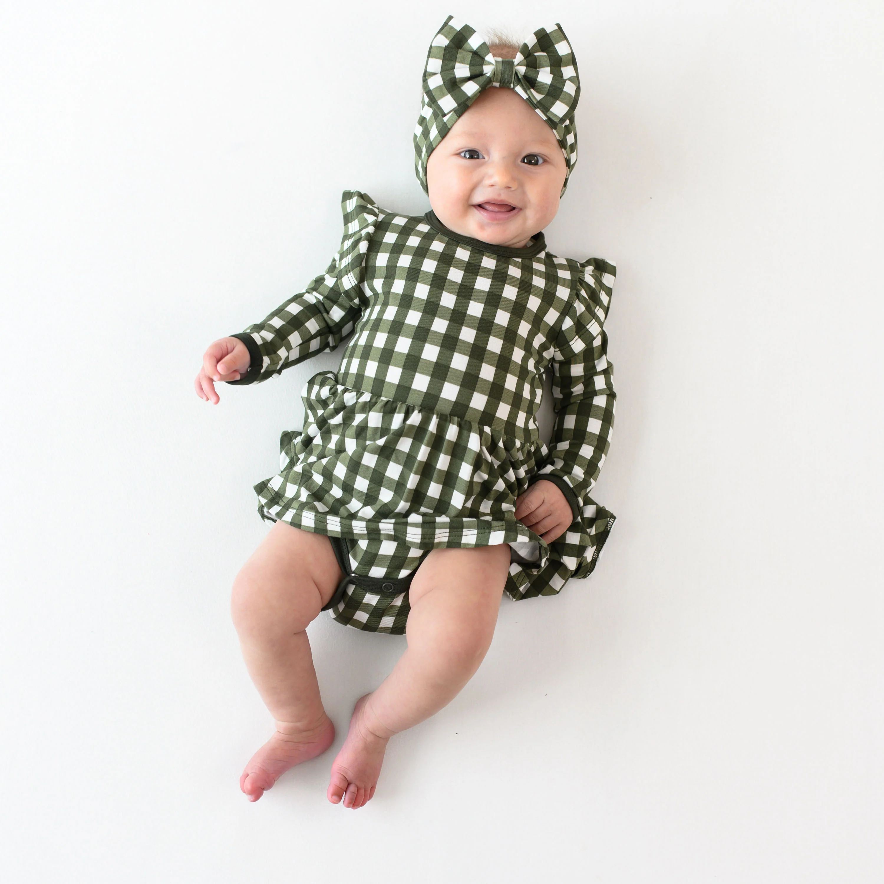 Long Sleeve Twirl Bodysuit Dress in Gingham Fir - Image 4
