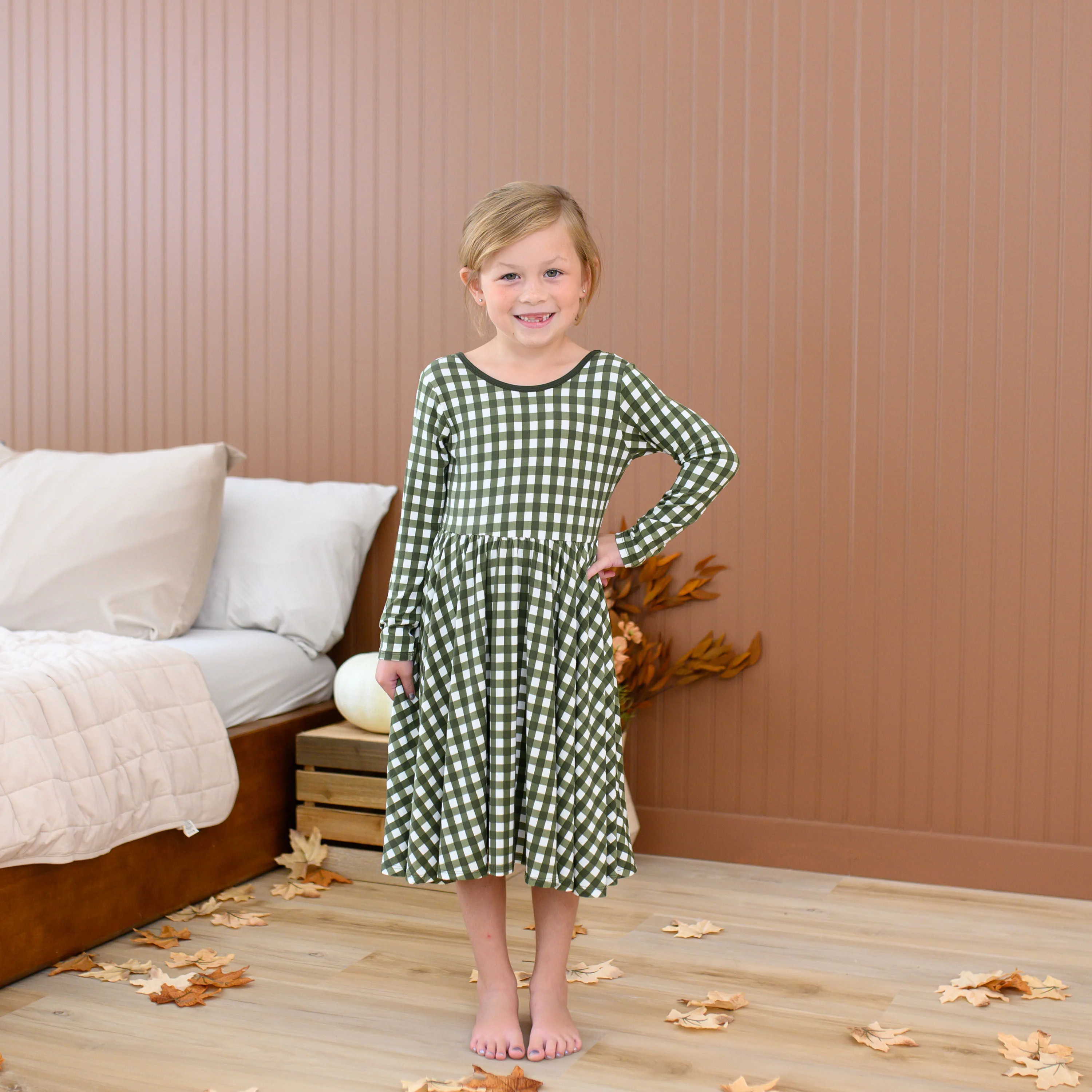 Long Sleeve Twirl Dress in Gingham Fir - Image 3