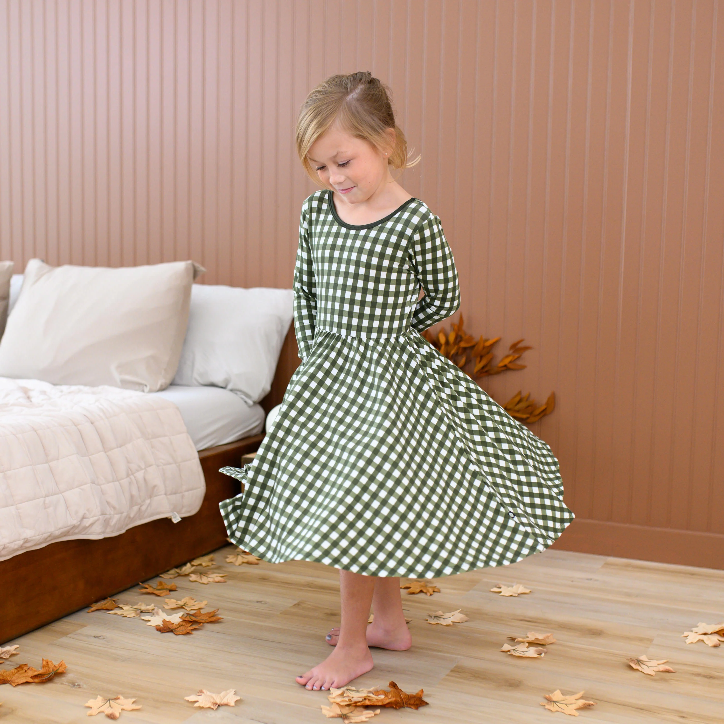 Long Sleeve Twirl Dress in Gingham Fir - Image 4