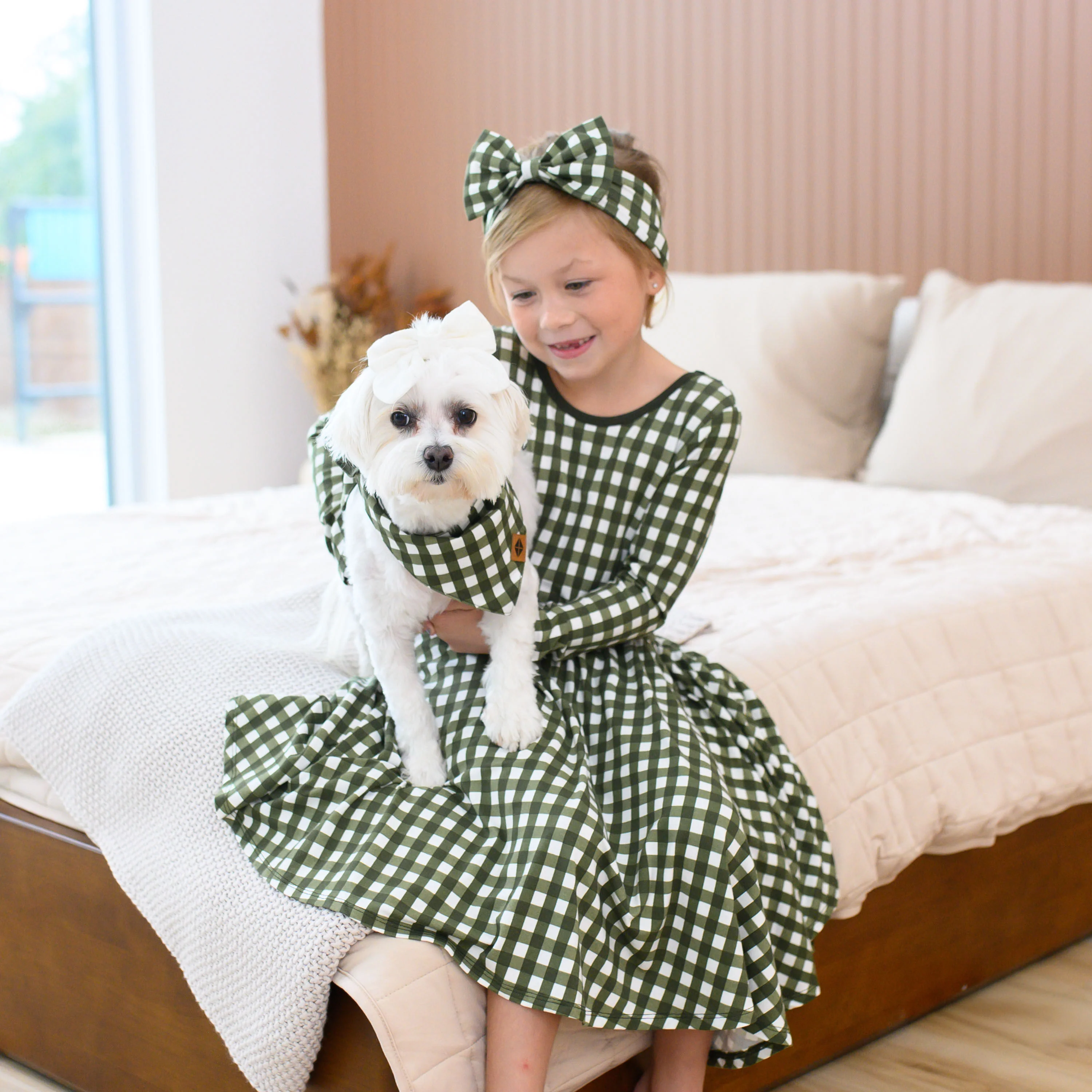 Long Sleeve Twirl Dress in Gingham Fir - Image 5