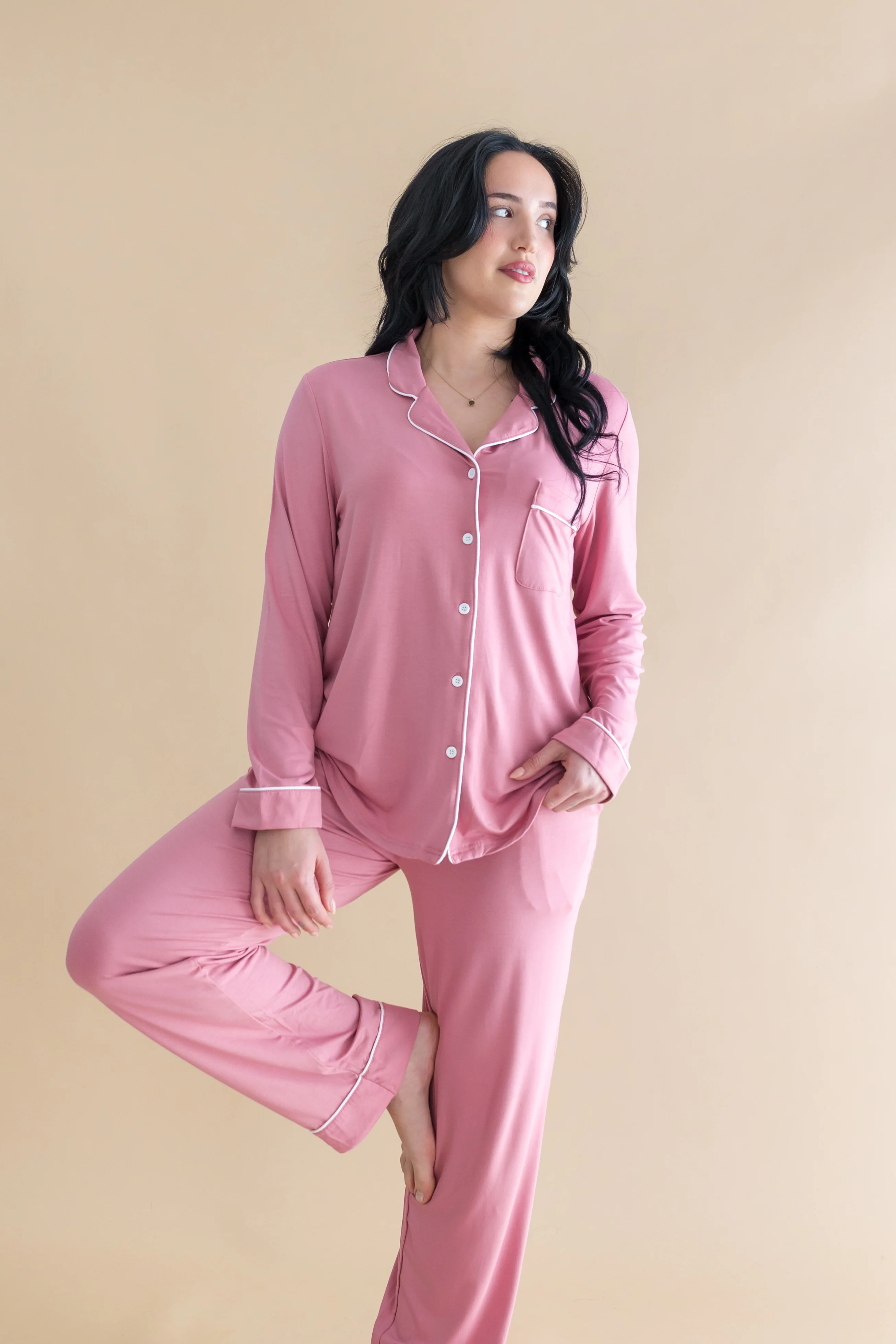 Long-Sleeved Women's Pajama Set in Apple Blossom with Cloud Trim - Image 2