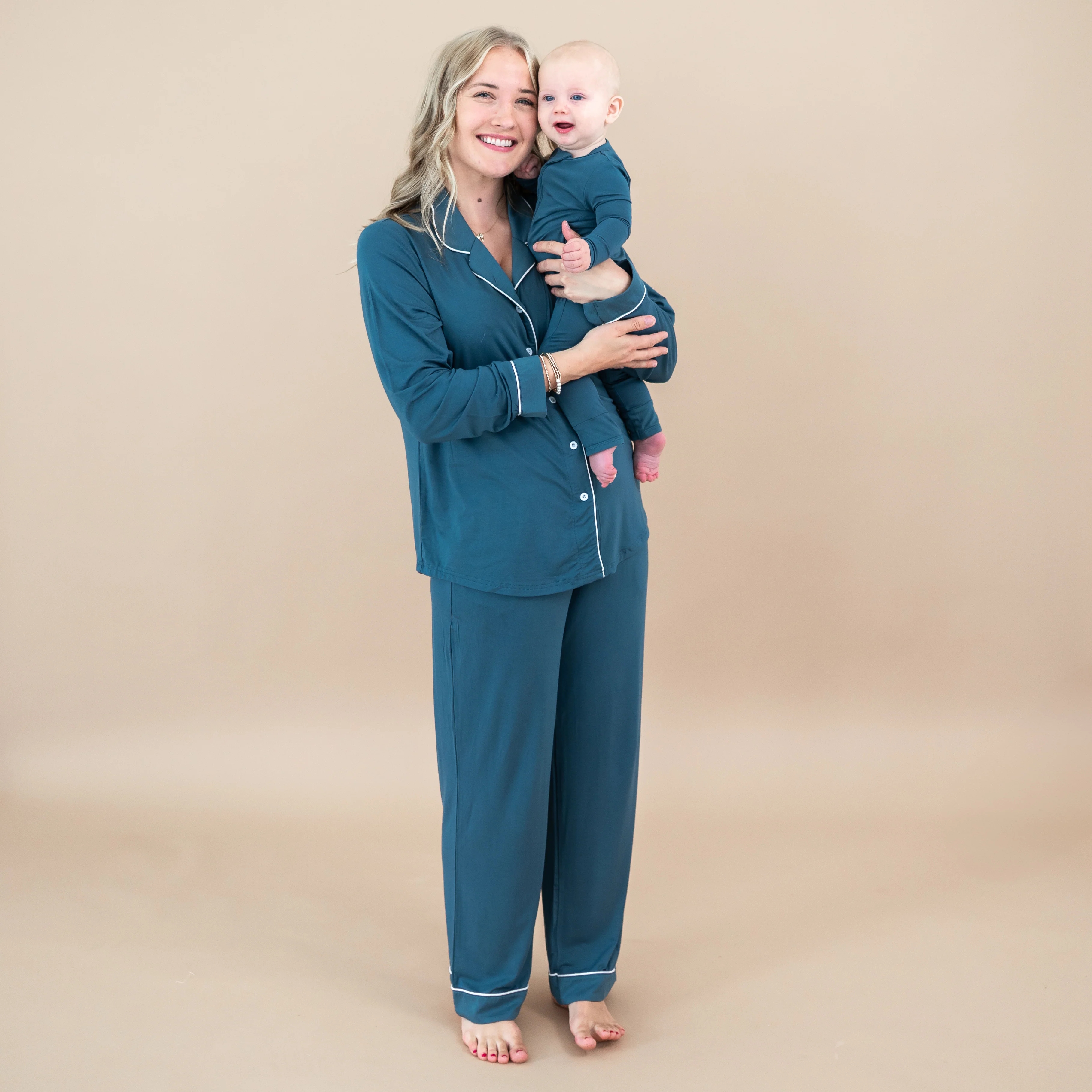 Long-Sleeved Women's Pajama Set in Atlantic with Cloud Trim - Image 3