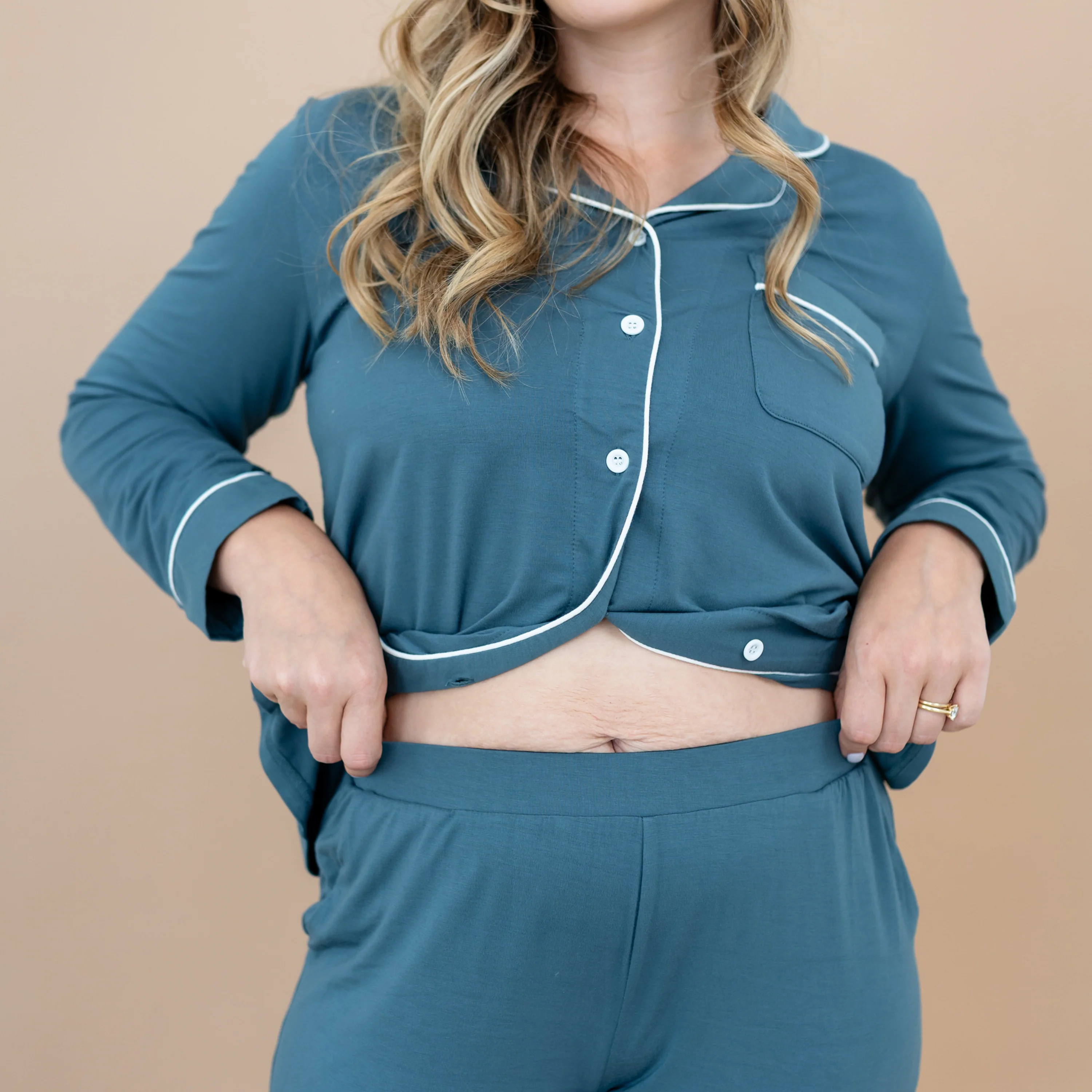 Long-Sleeved Women's Pajama Set in Atlantic with Cloud Trim - Image 5