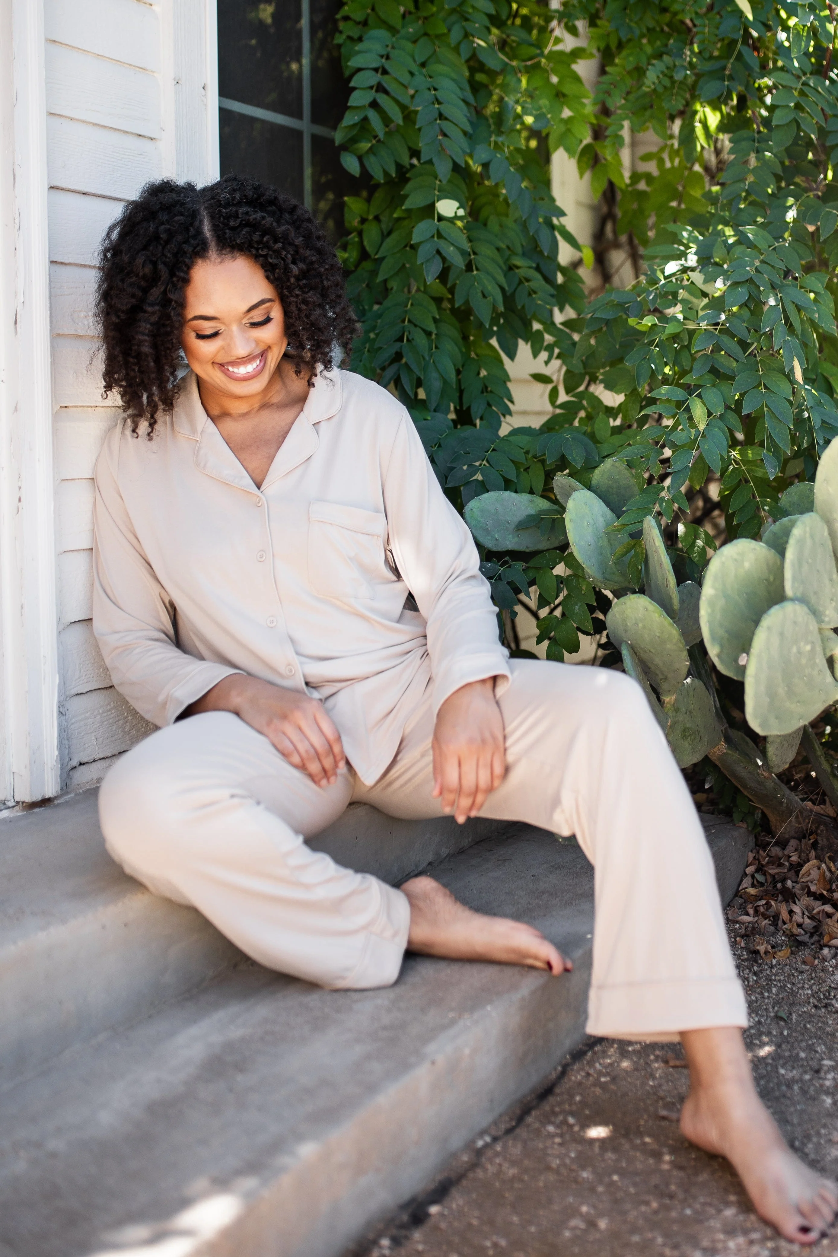Long-Sleeved Women's Pajama Set in Bisque with Bisque Trim - Image 2