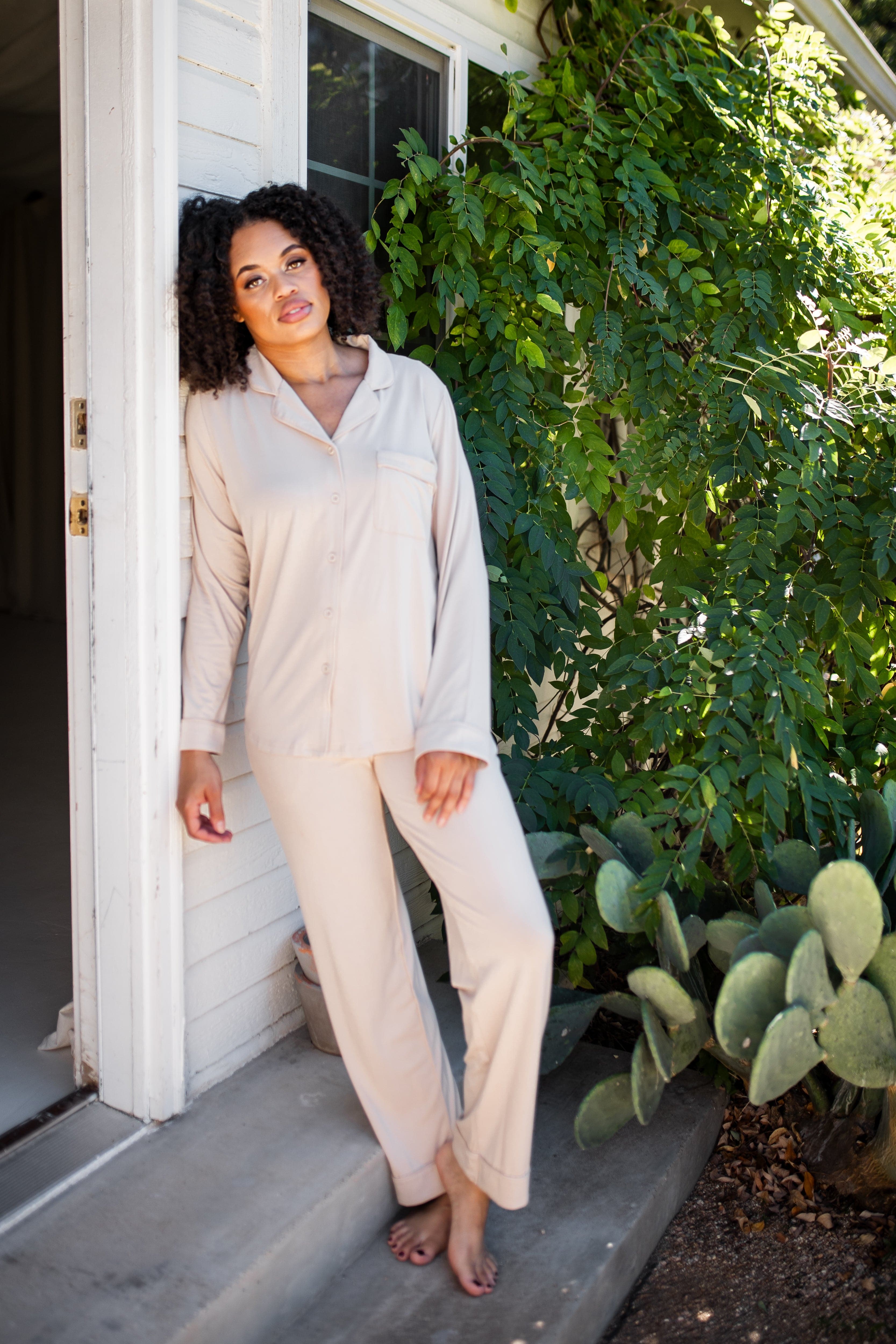Long-Sleeved Women's Pajama Set in Bisque with Bisque Trim - Image 3