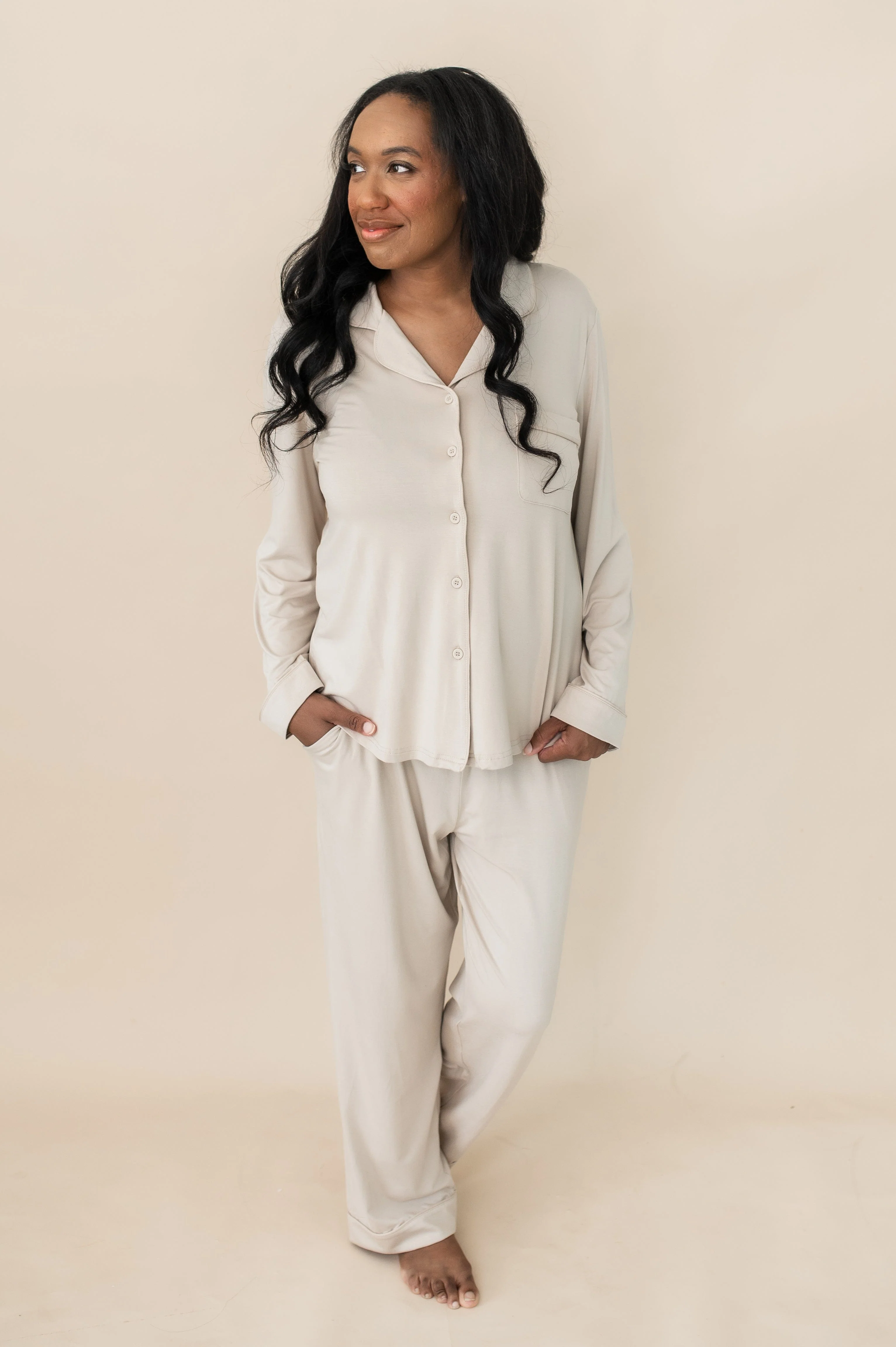 Long-Sleeved Women's Pajama Set in Bisque with Bisque Trim - Image 5