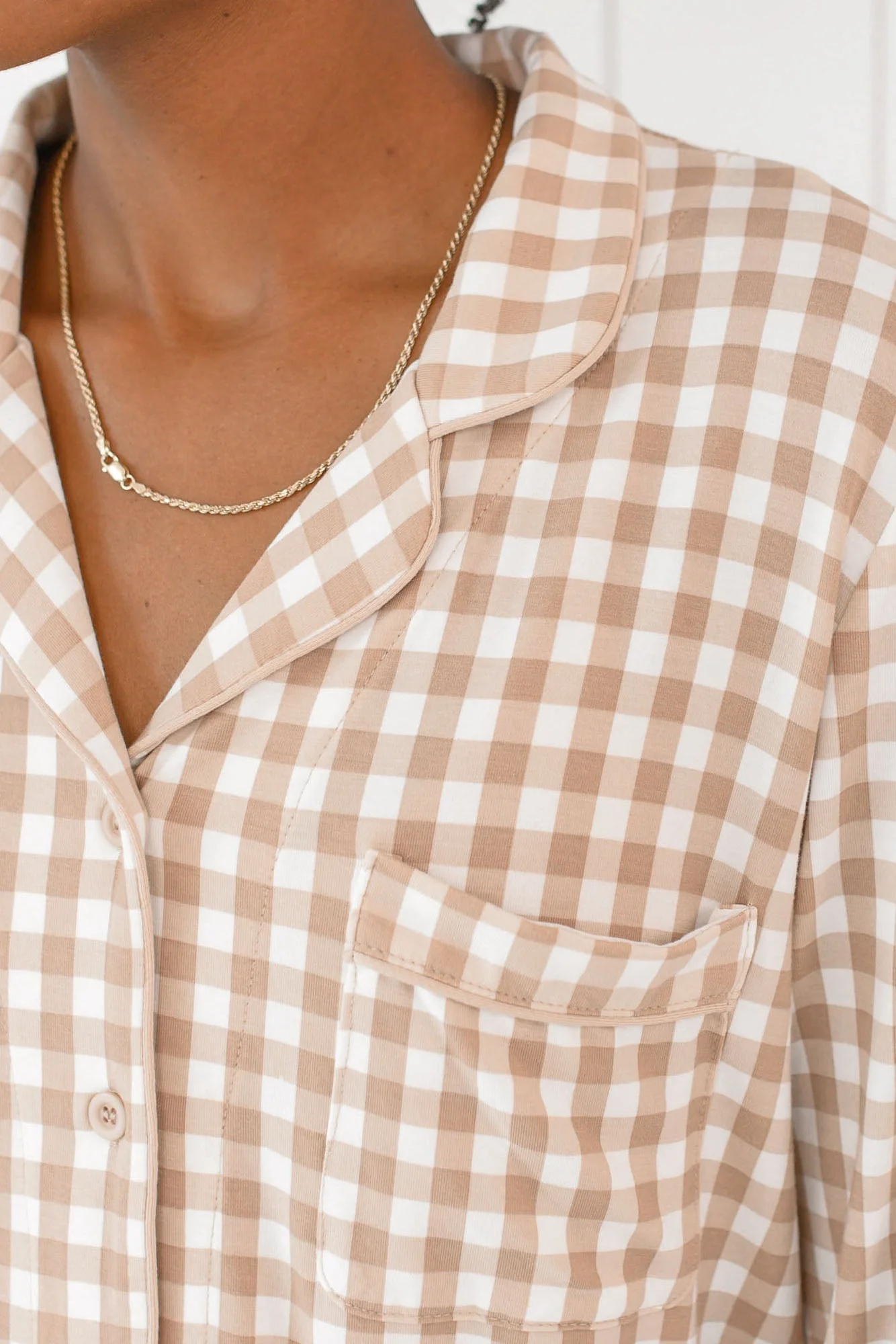 Long-Sleeved Women's Pajama Set in Gingham Bisque - Image 4