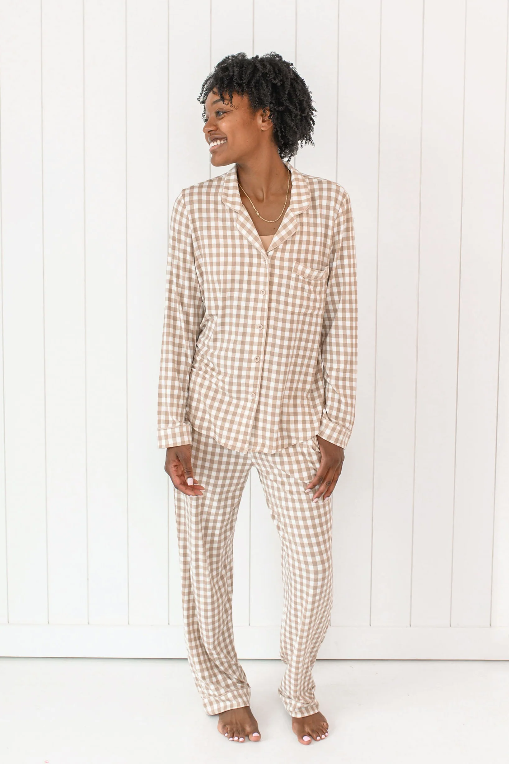 Long-Sleeved Women's Pajama Set in Gingham Bisque - Image 5
