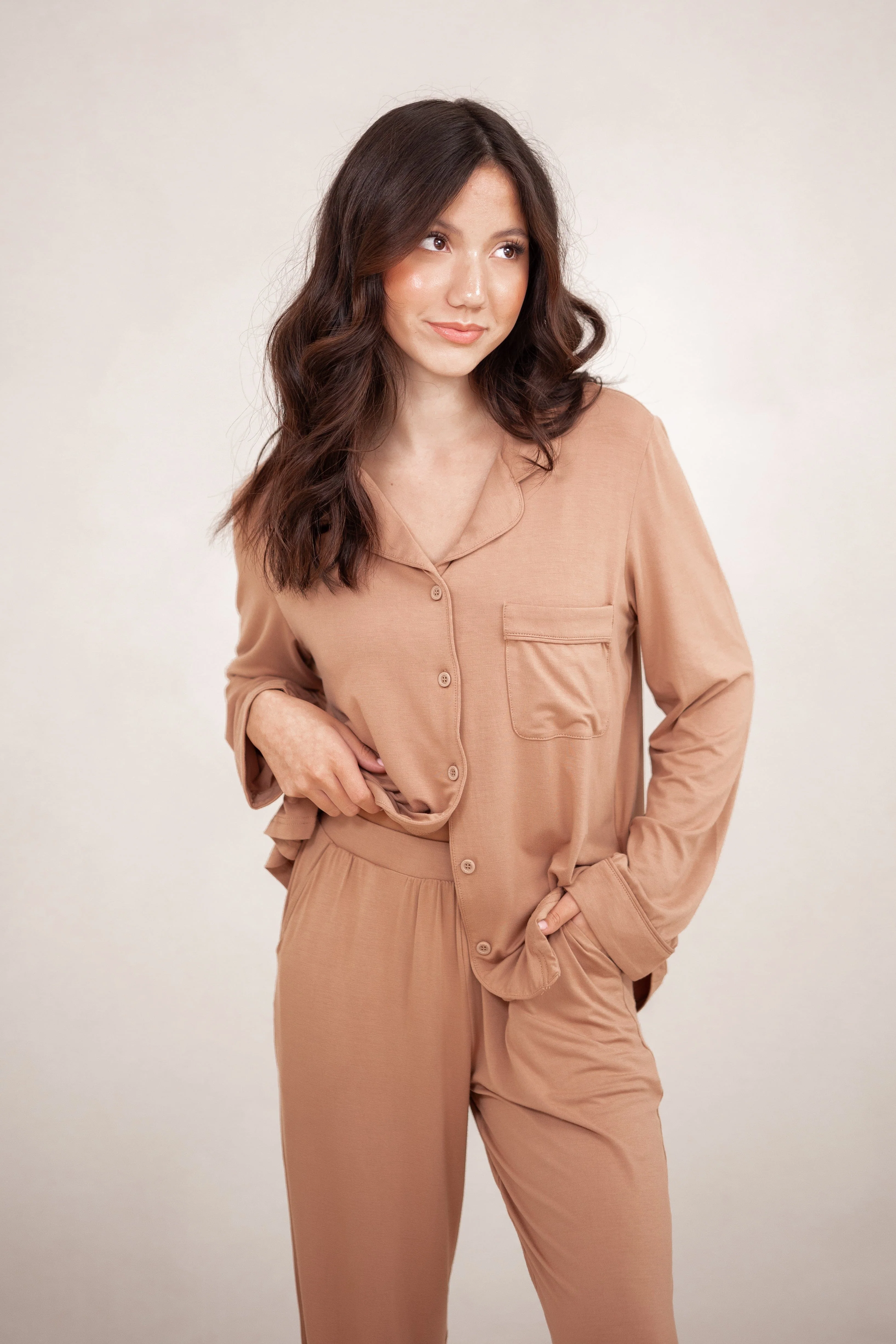 Long-Sleeved Women's Pajama Set in Latte with Latte Trim - Image 2