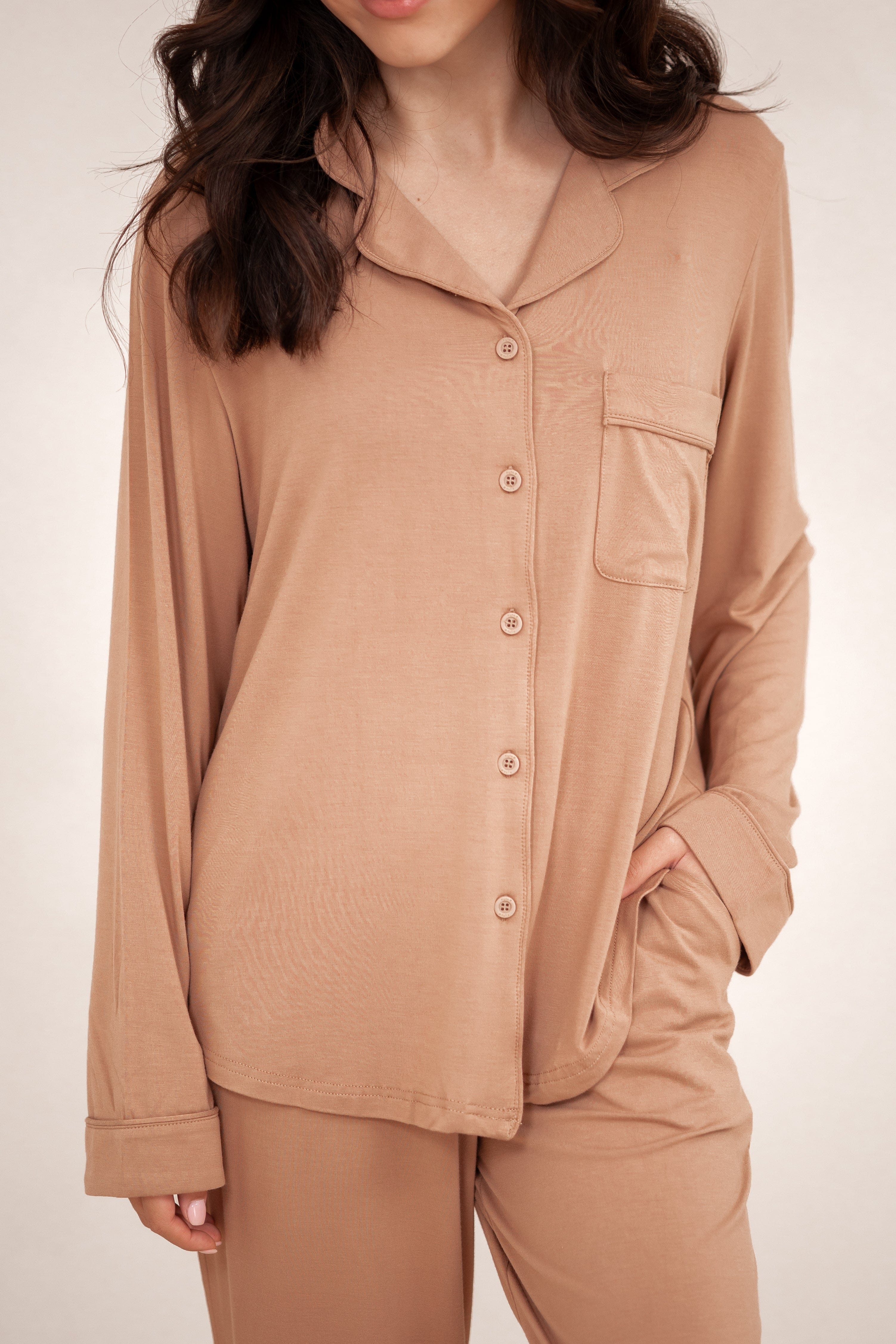 Long-Sleeved Women's Pajama Set in Latte with Latte Trim - Image 3