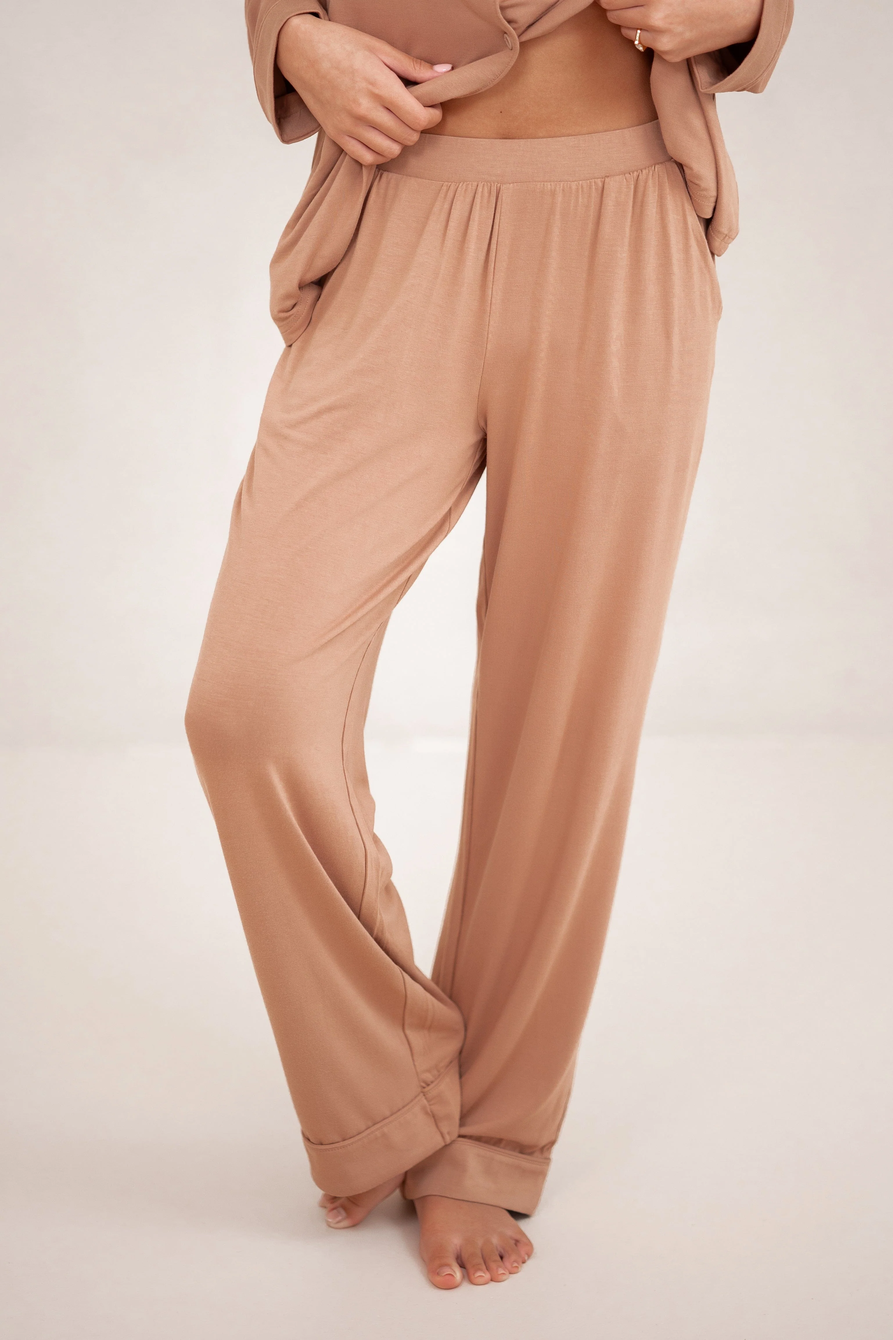 Long-Sleeved Women's Pajama Set in Latte with Latte Trim - Image 4