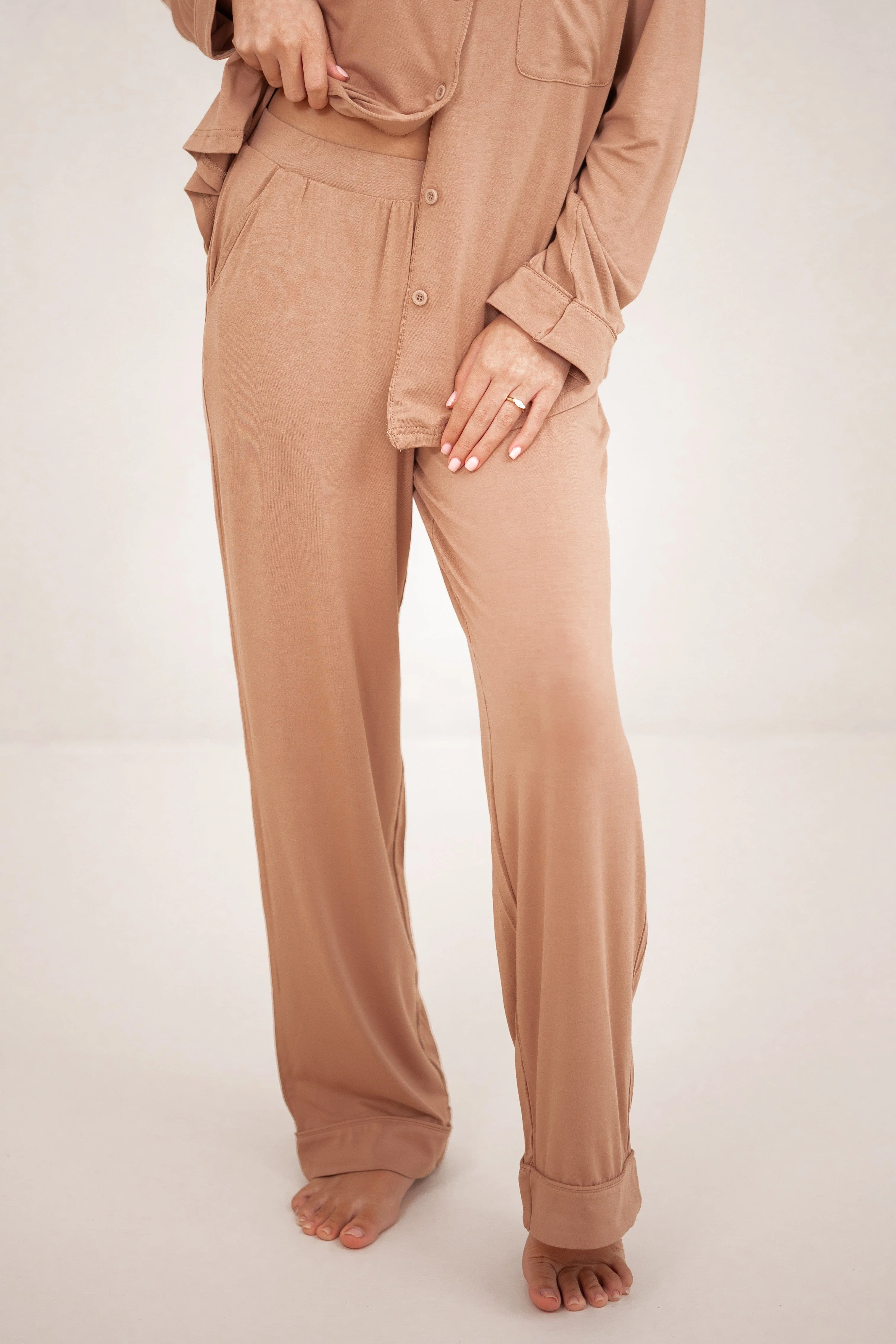 Long-Sleeved Women's Pajama Set in Latte with Latte Trim - Image 5
