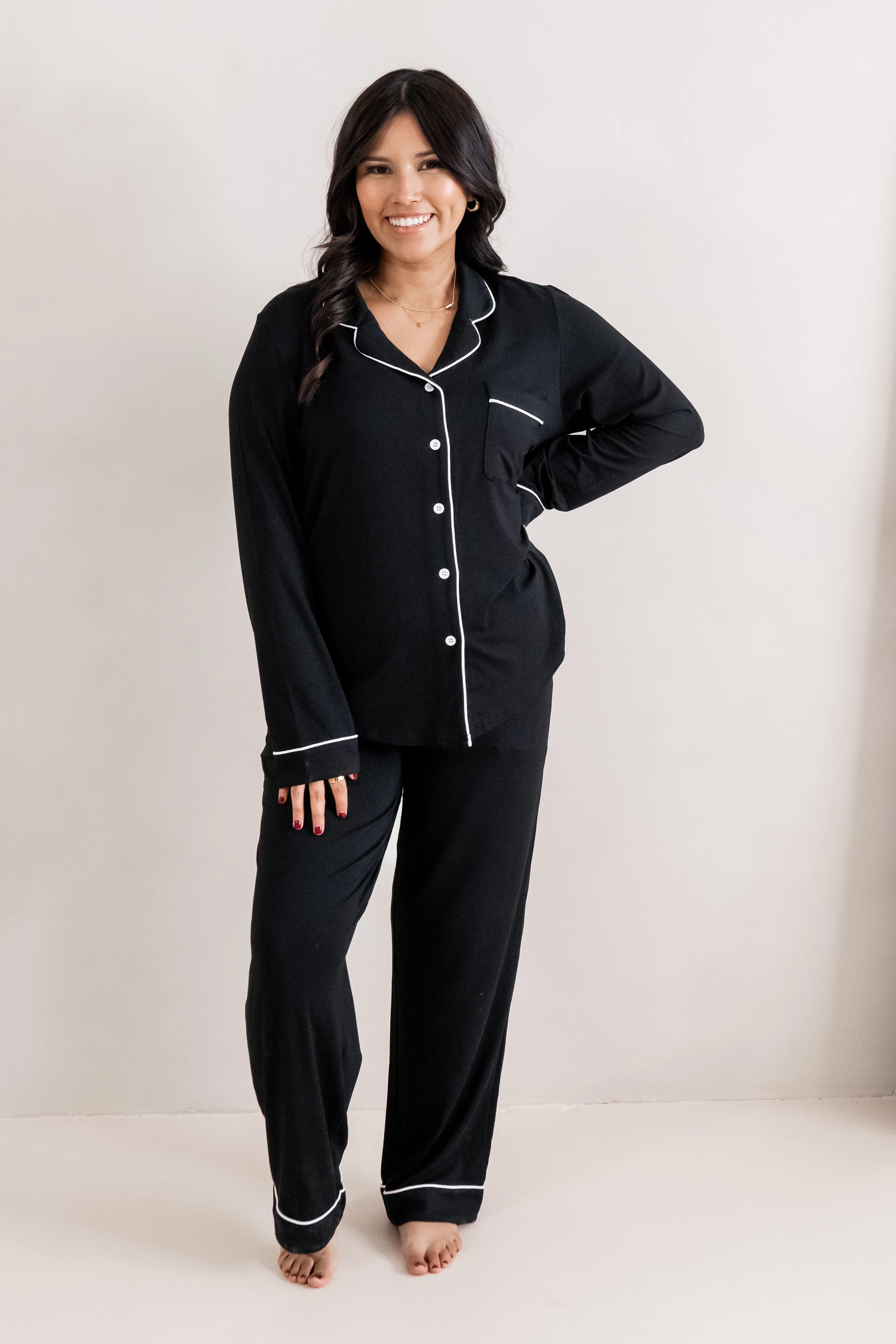 Long-Sleeved Women's Pajama Set in Midnight with Cloud Trim - Image 5