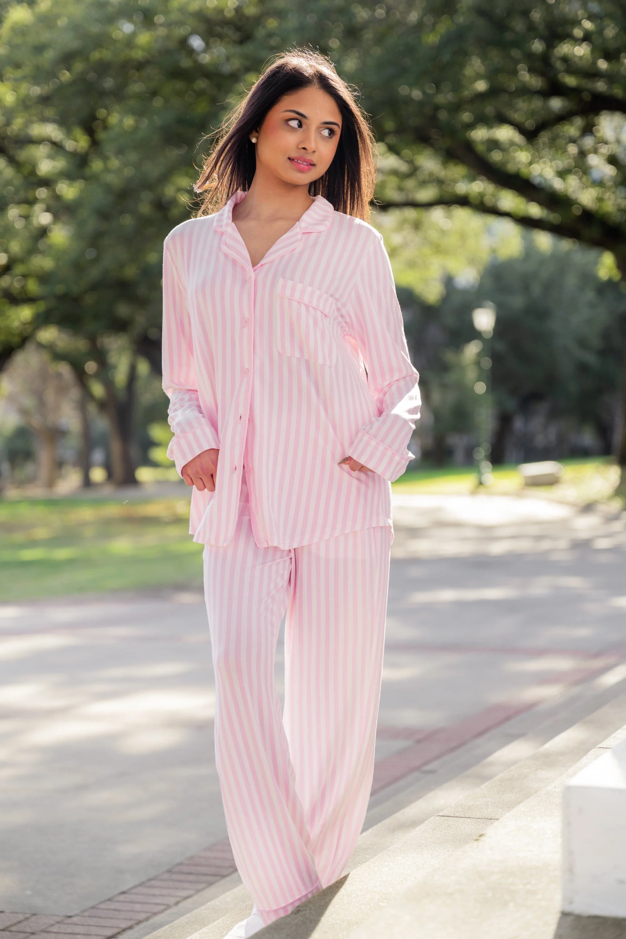 Long-Sleeved Women's Pajama Set in Small Sakura Stripe - Image 3