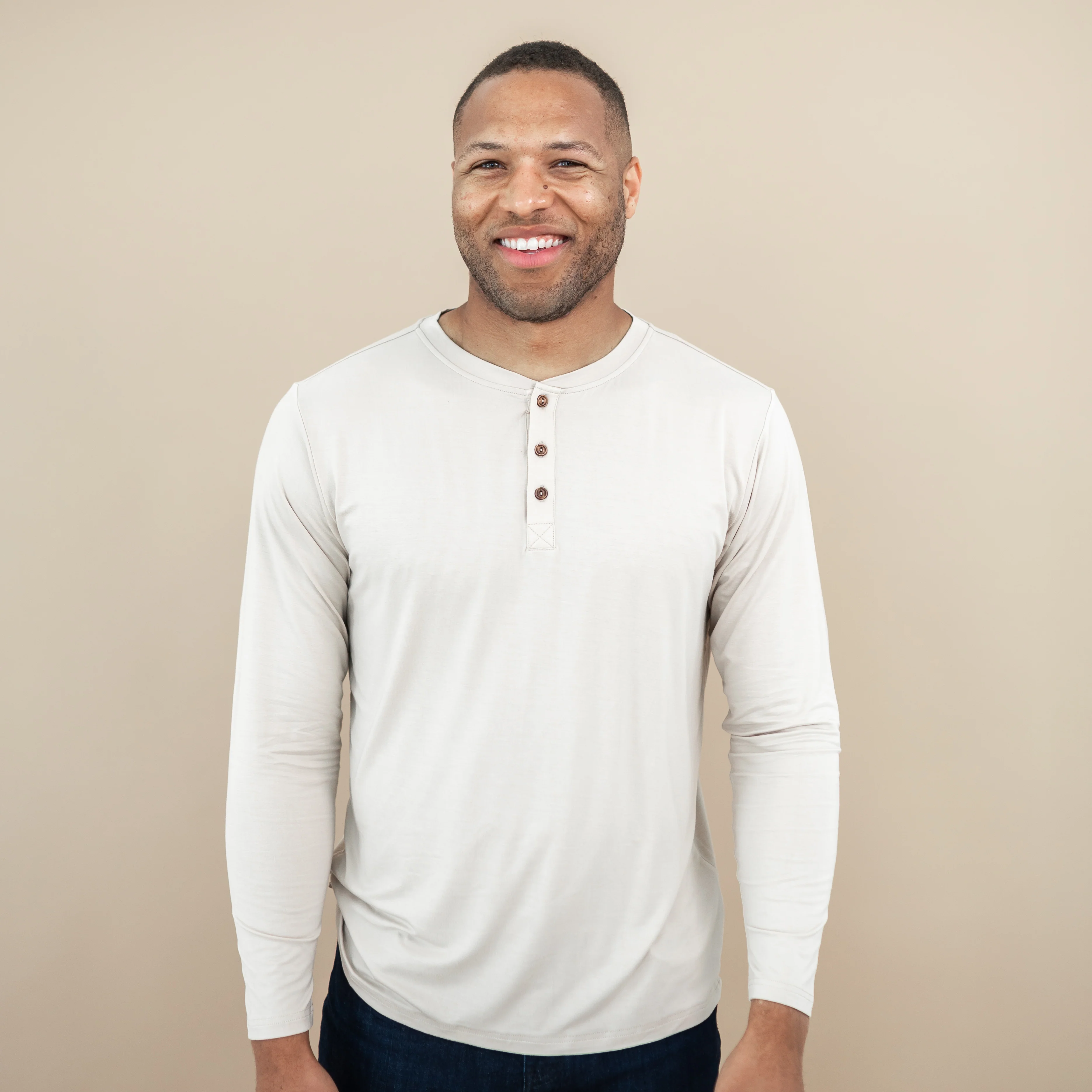 Men's Long Sleeve Henley Top in Bisque - Image 3