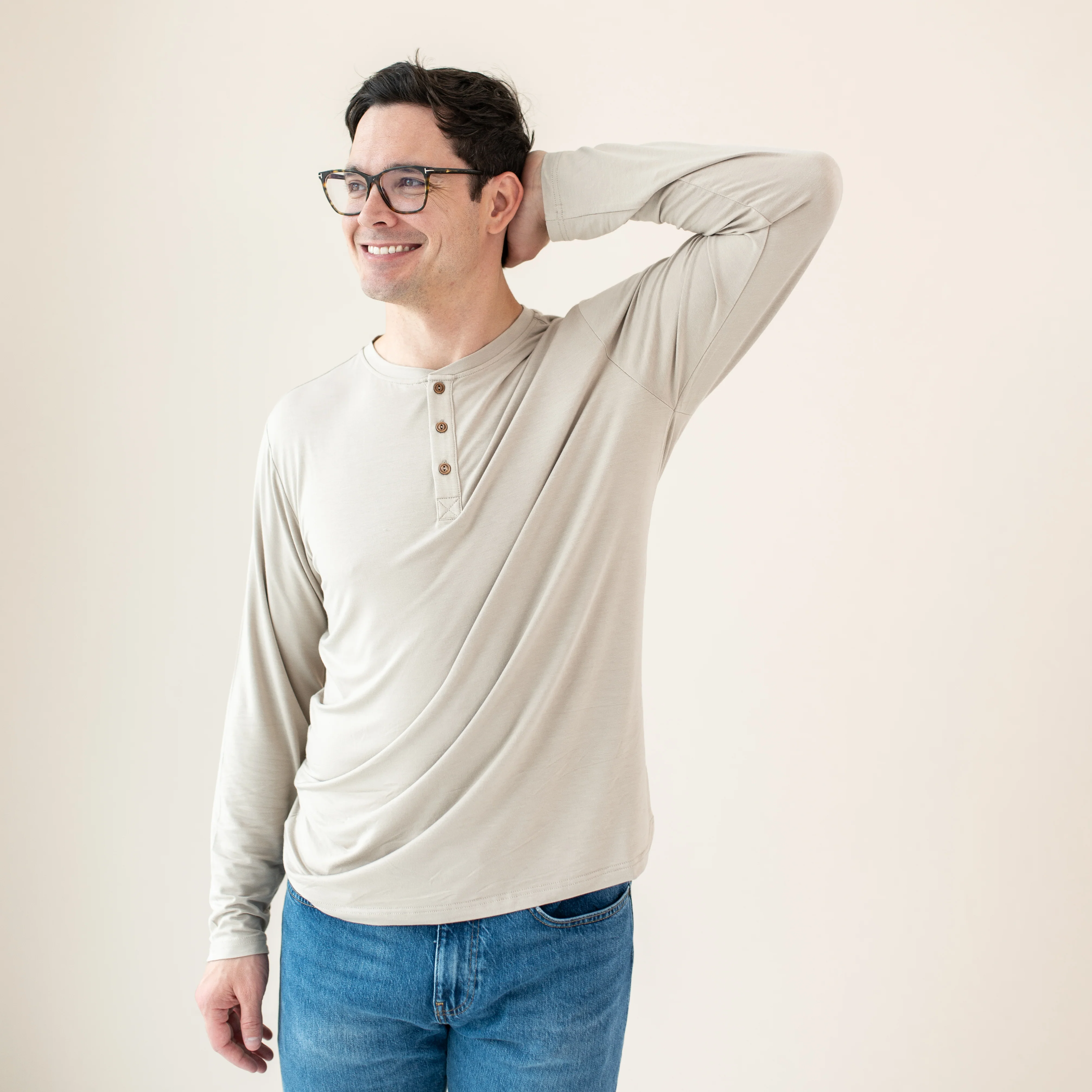 Men's Long Sleeve Henley Top in Bisque - Image 4